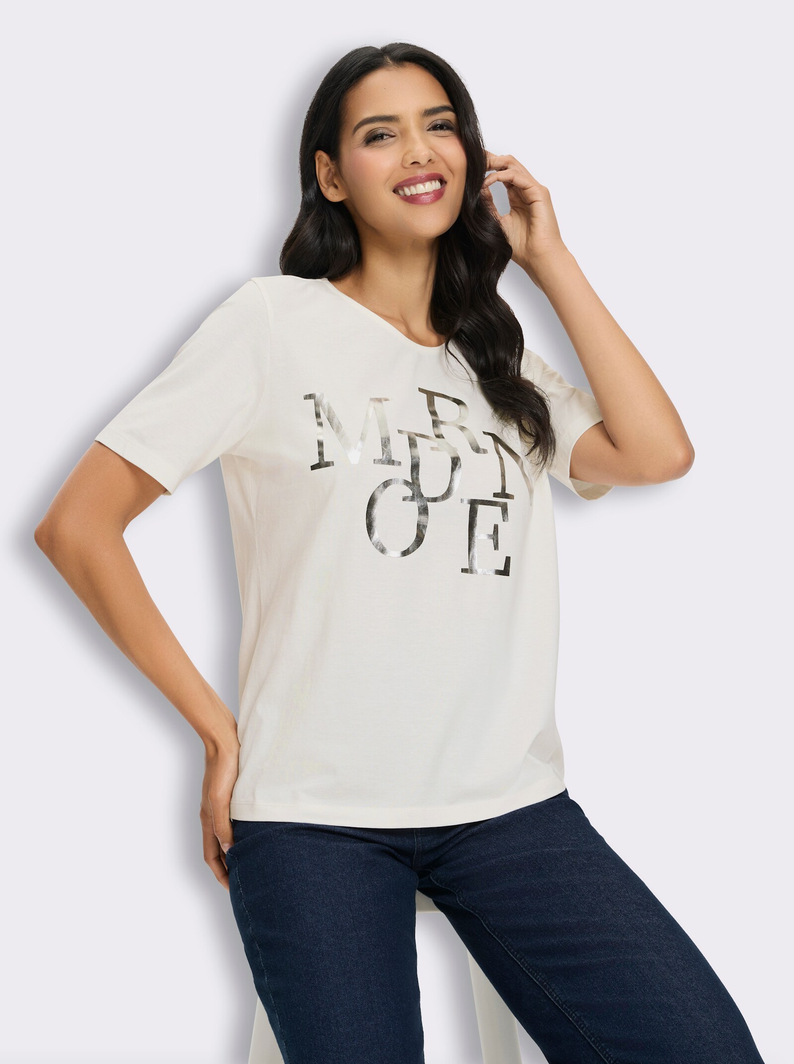 Kurzarmshirt mit Lettering-Folienprint - ecru