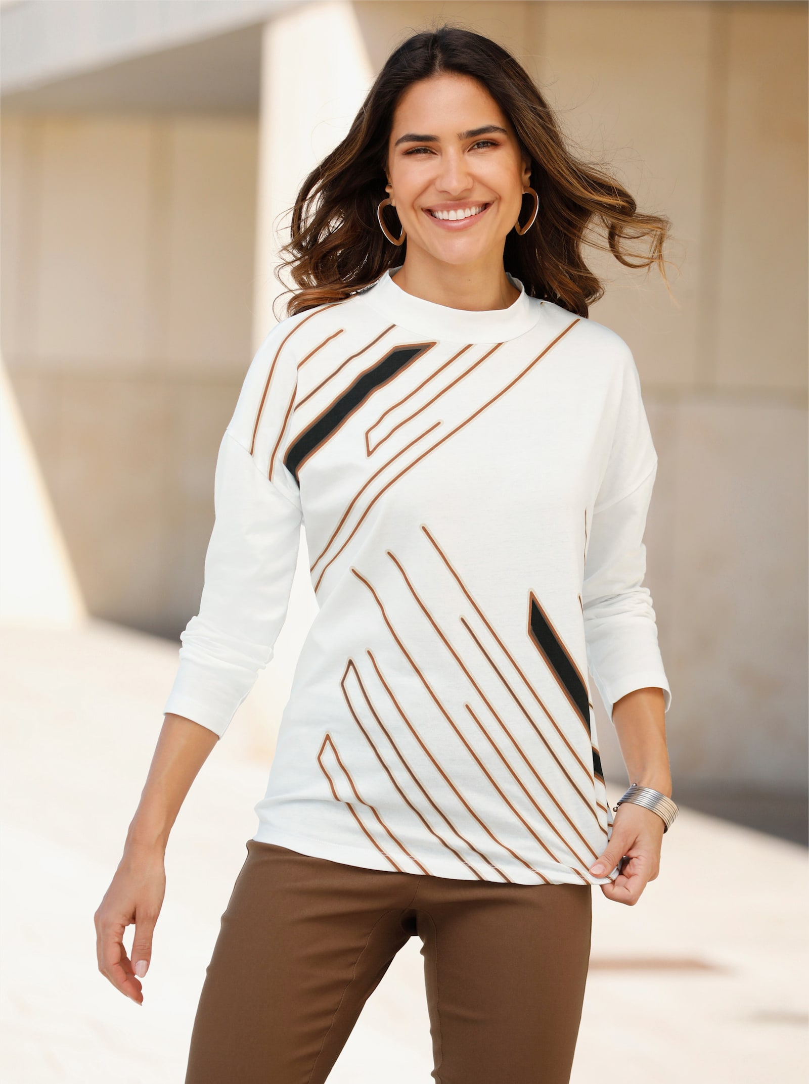 Shirt met opstaande kraag van puur katoen - ecru/choco bedrukt