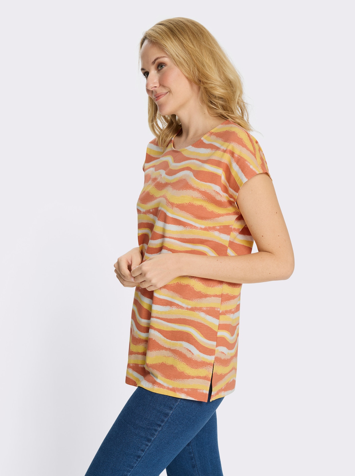 Longshirt mit Seitenschlitzen - papaya-gelb-bedruckt