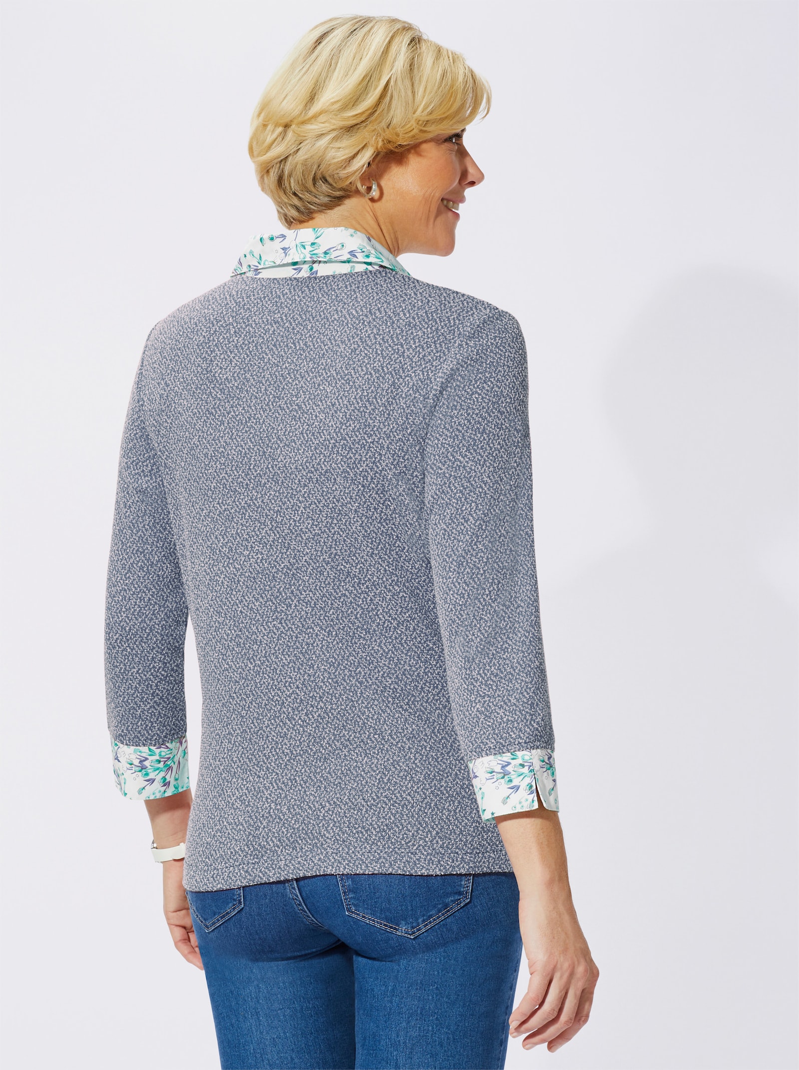2-in-1-shirt van bouclé, met blousestof - jeansblauw gemêleerd