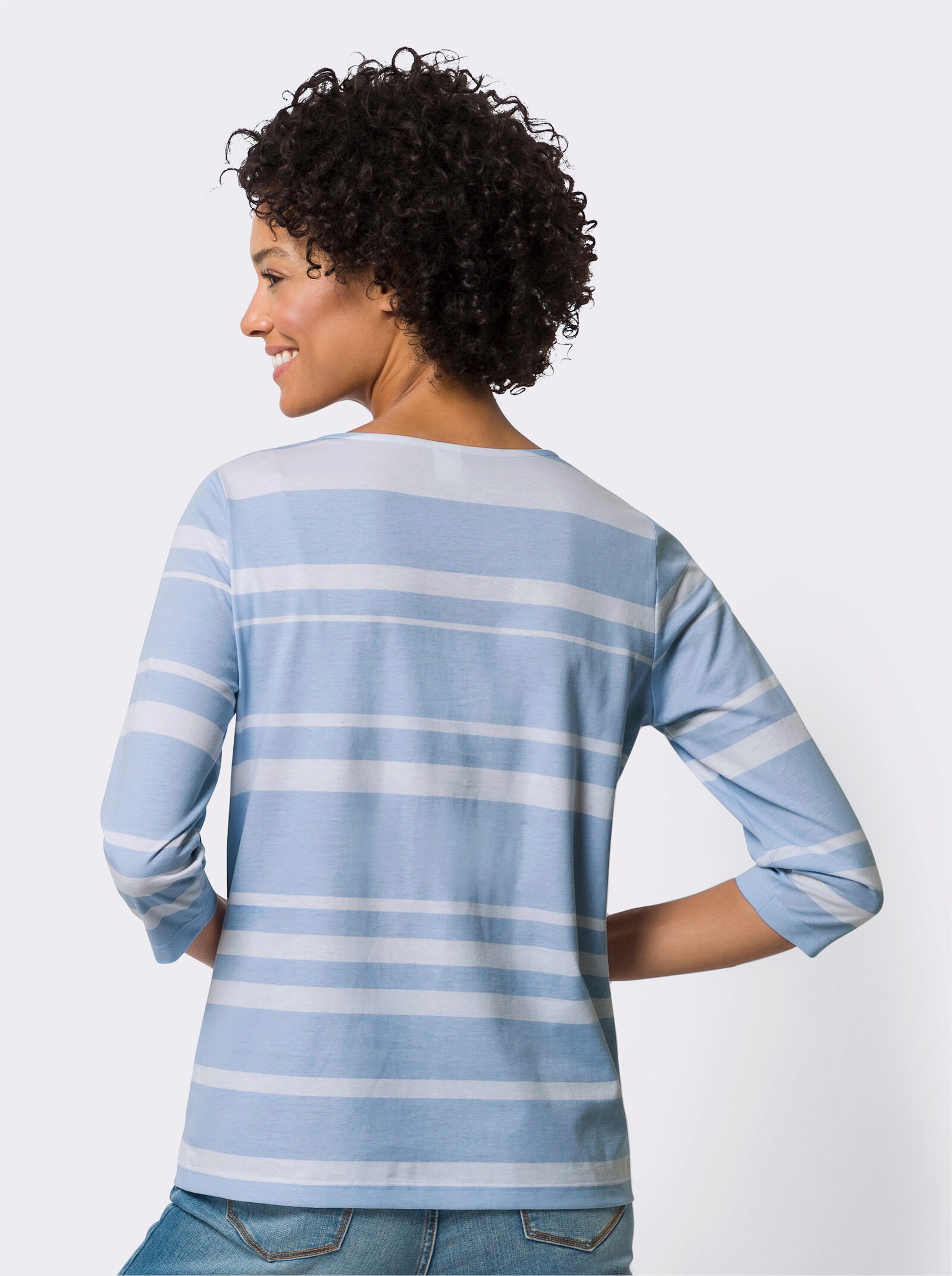 Shirt met 3/4-mouwen van puur katoen - ijsblauw/wit gestreept