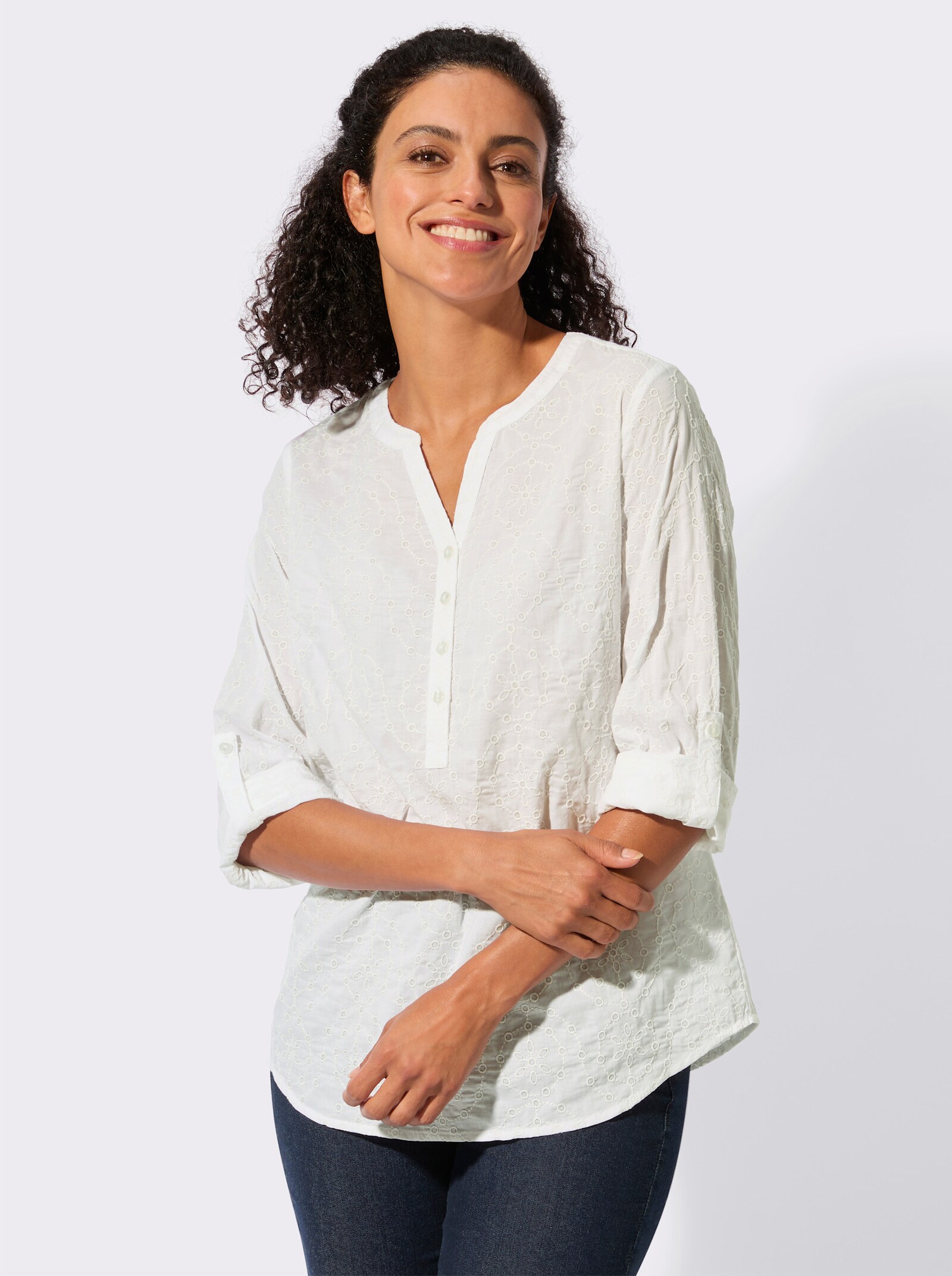 Baumwollbluse mit Stickerei rundum - weiß