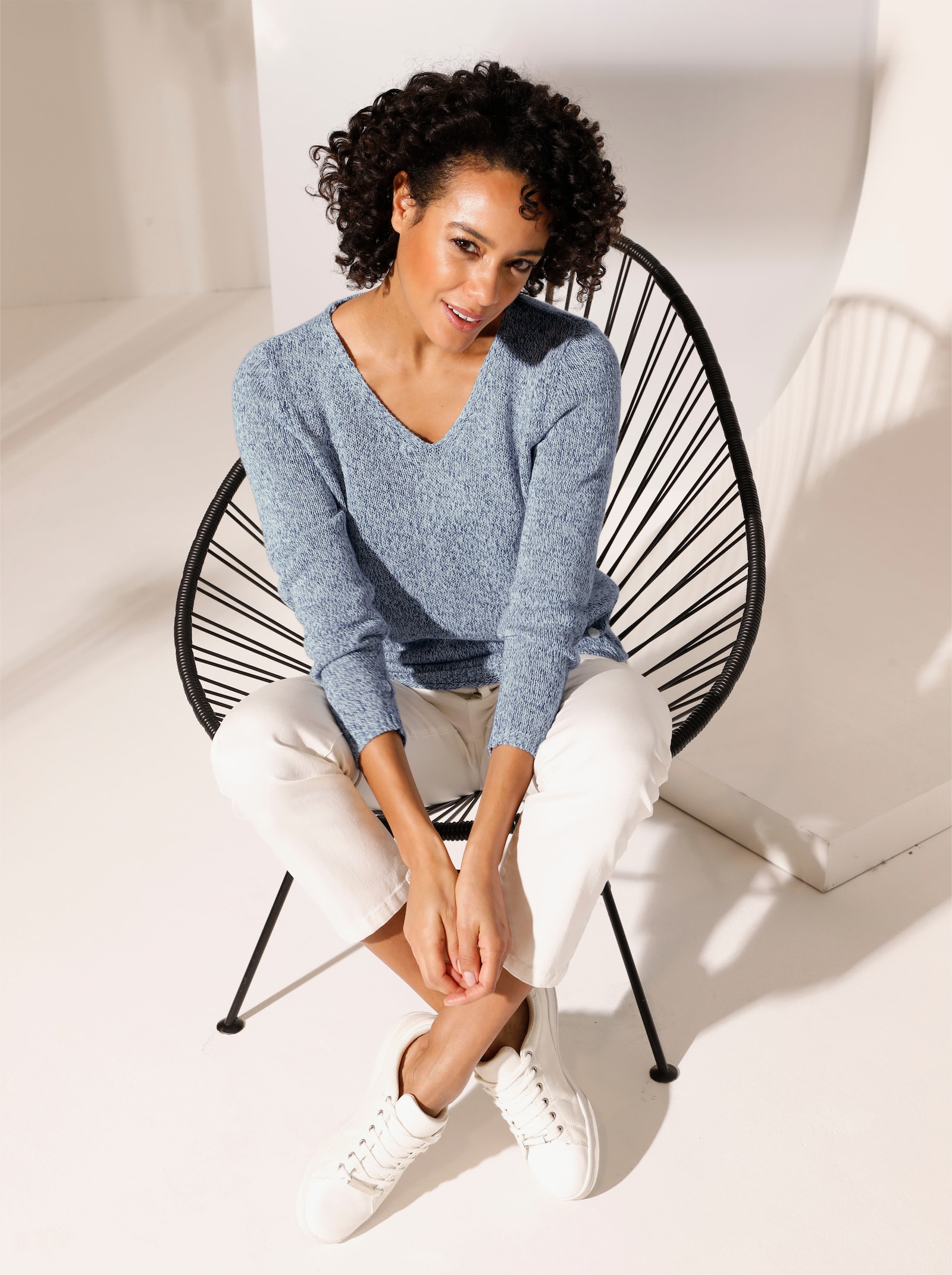 CREATION L PREMIUM V-Ausschnitt-Pullover in Melange-Qualität - jeansblau-mint-meliert