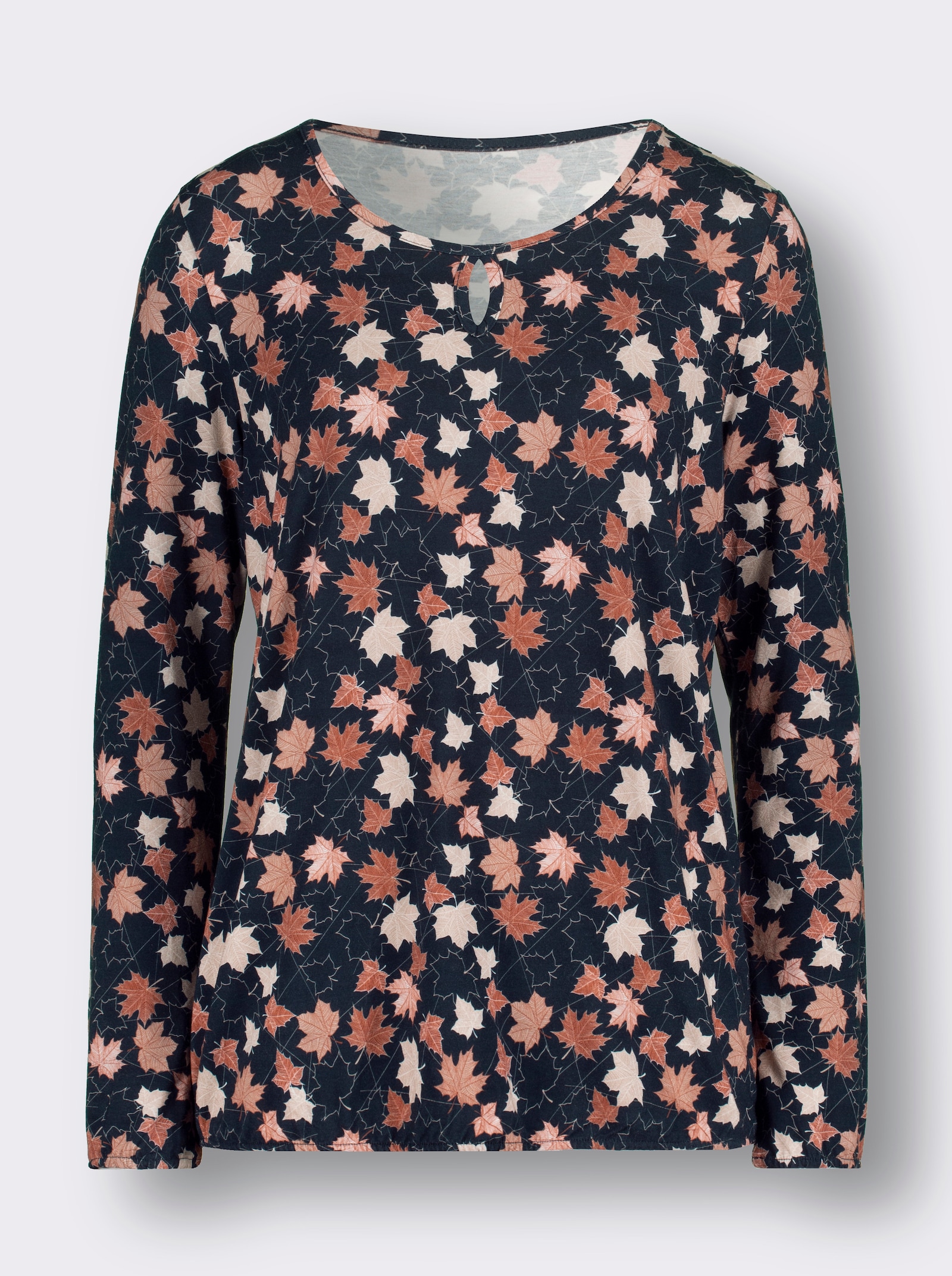 Langarmshirt mit Tropfen-Ausschnitt - marine-rotbraun-bedruckt