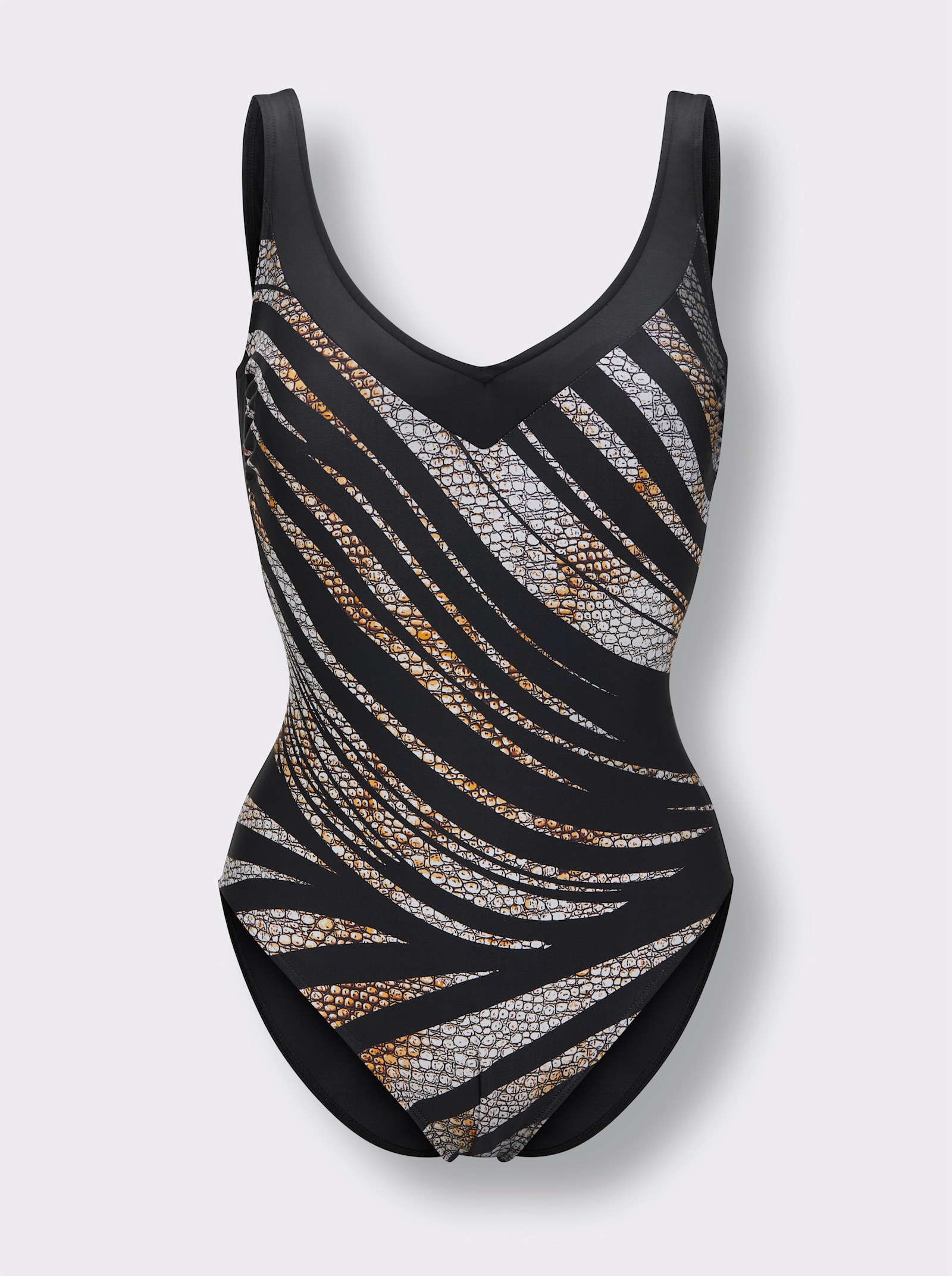 Badeanzug - schwarz-braun-bedruckt