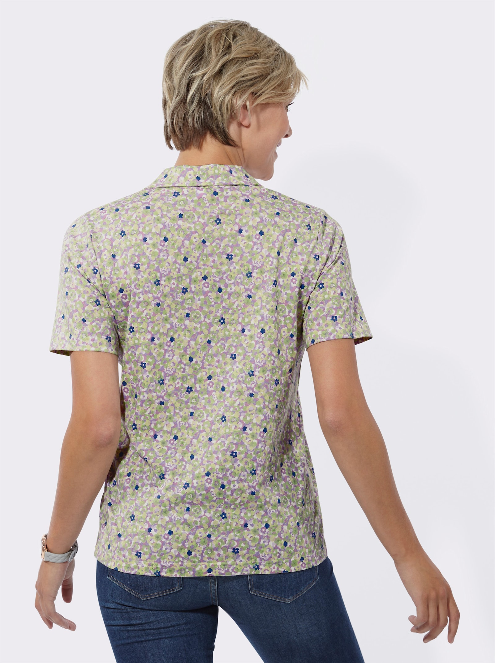 Poloshirt met open V-hals - lavendel/eucalyptus bedrukt