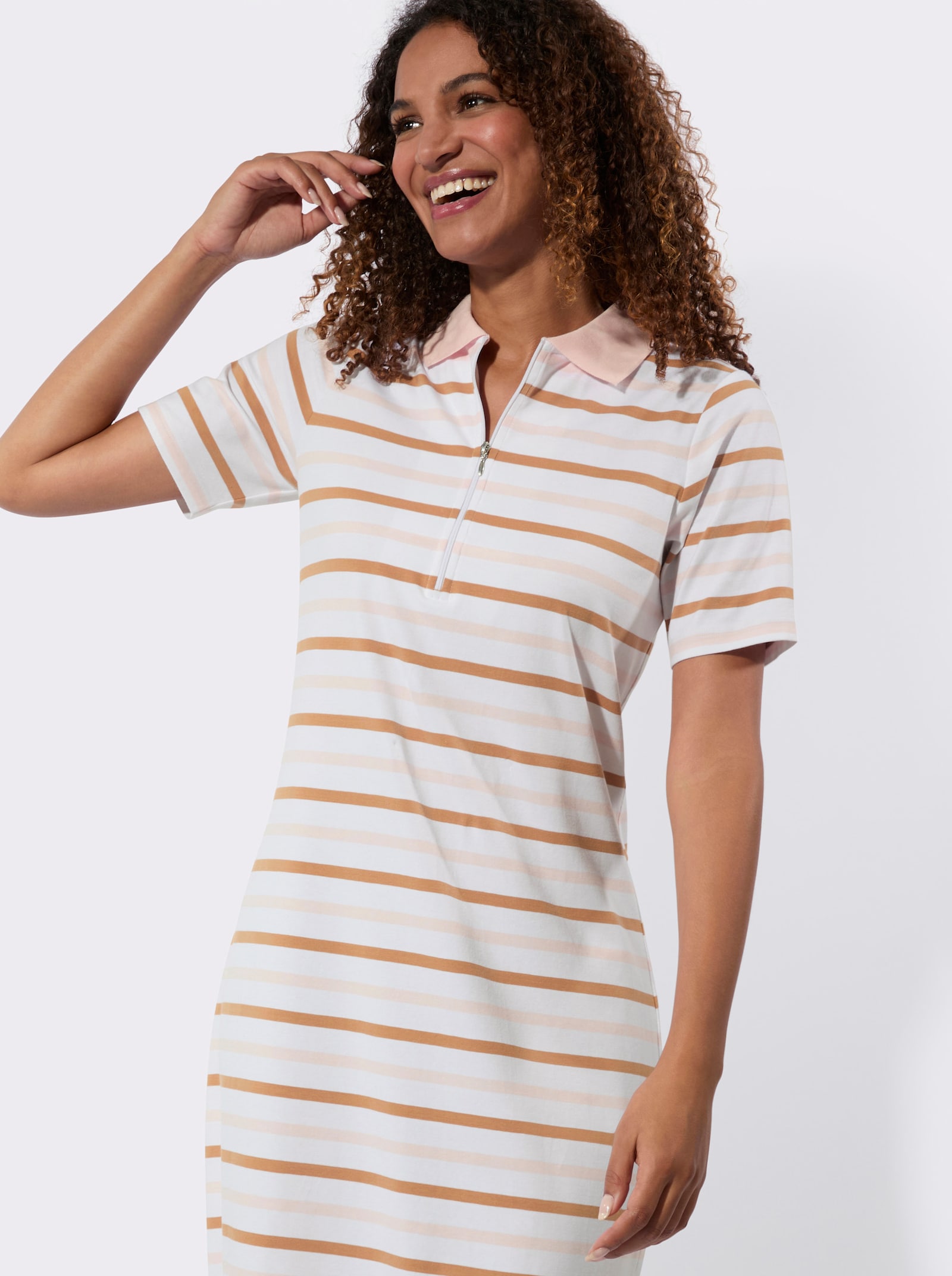 Polokleid im garngefärbten Ringel-Dessin - hellrosé-camel-geringelt