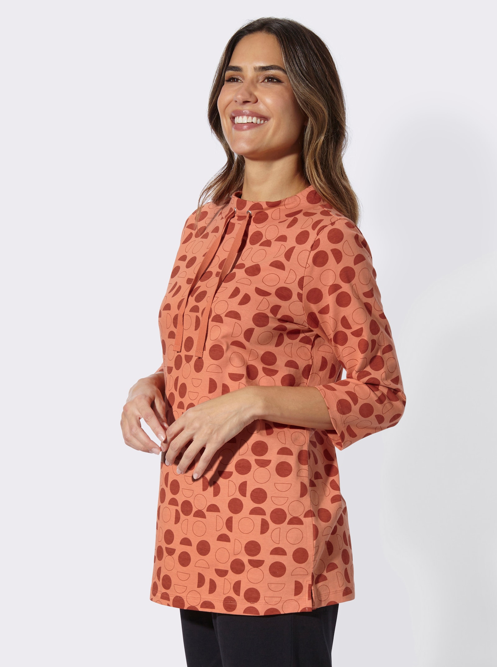 Longshirt mit Seitenschlitzen - papaya-rostrot-bedruckt