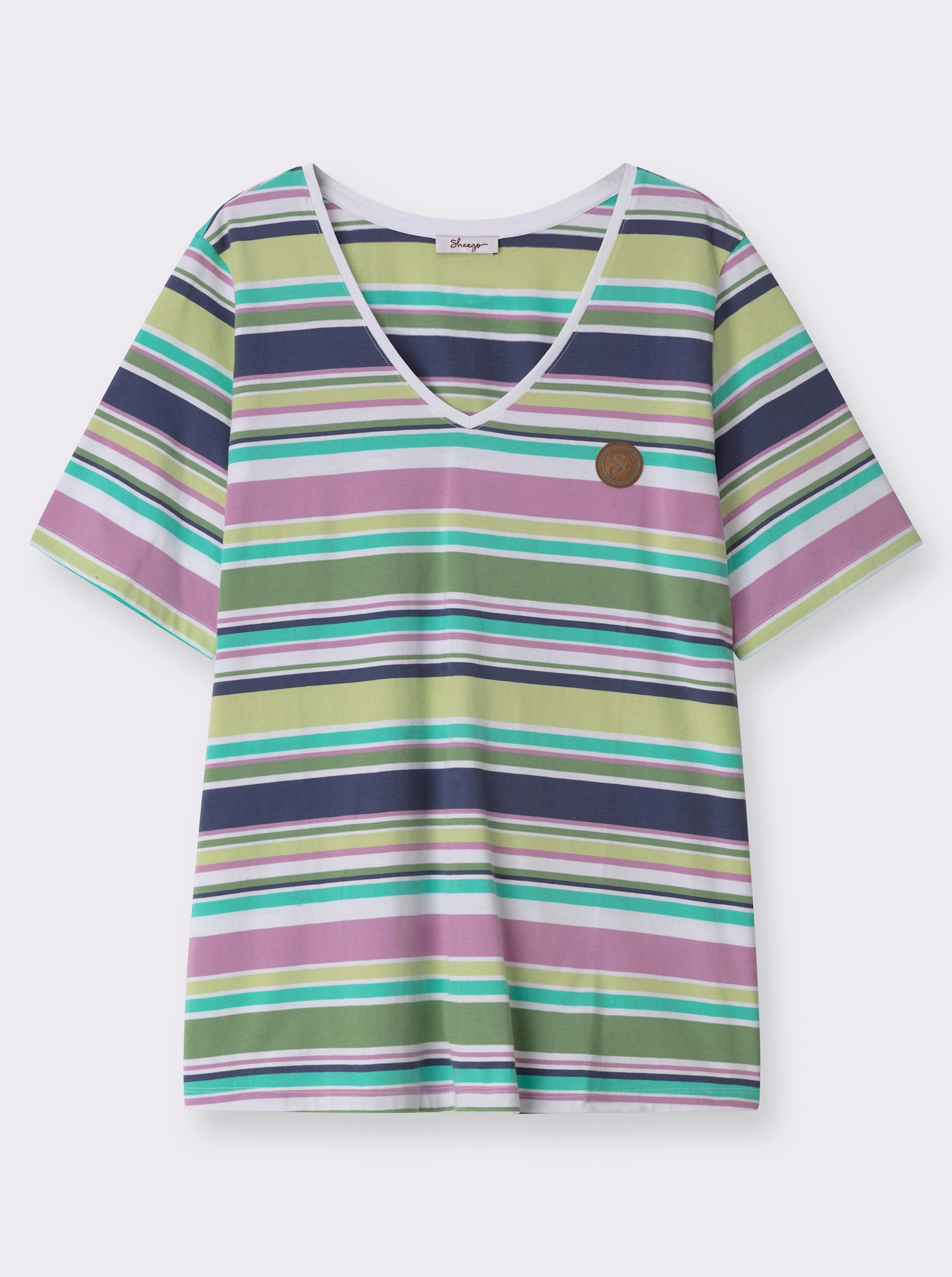 sheego Streepjesshirt met afkledende V-hals - wit/orchidee gestreept