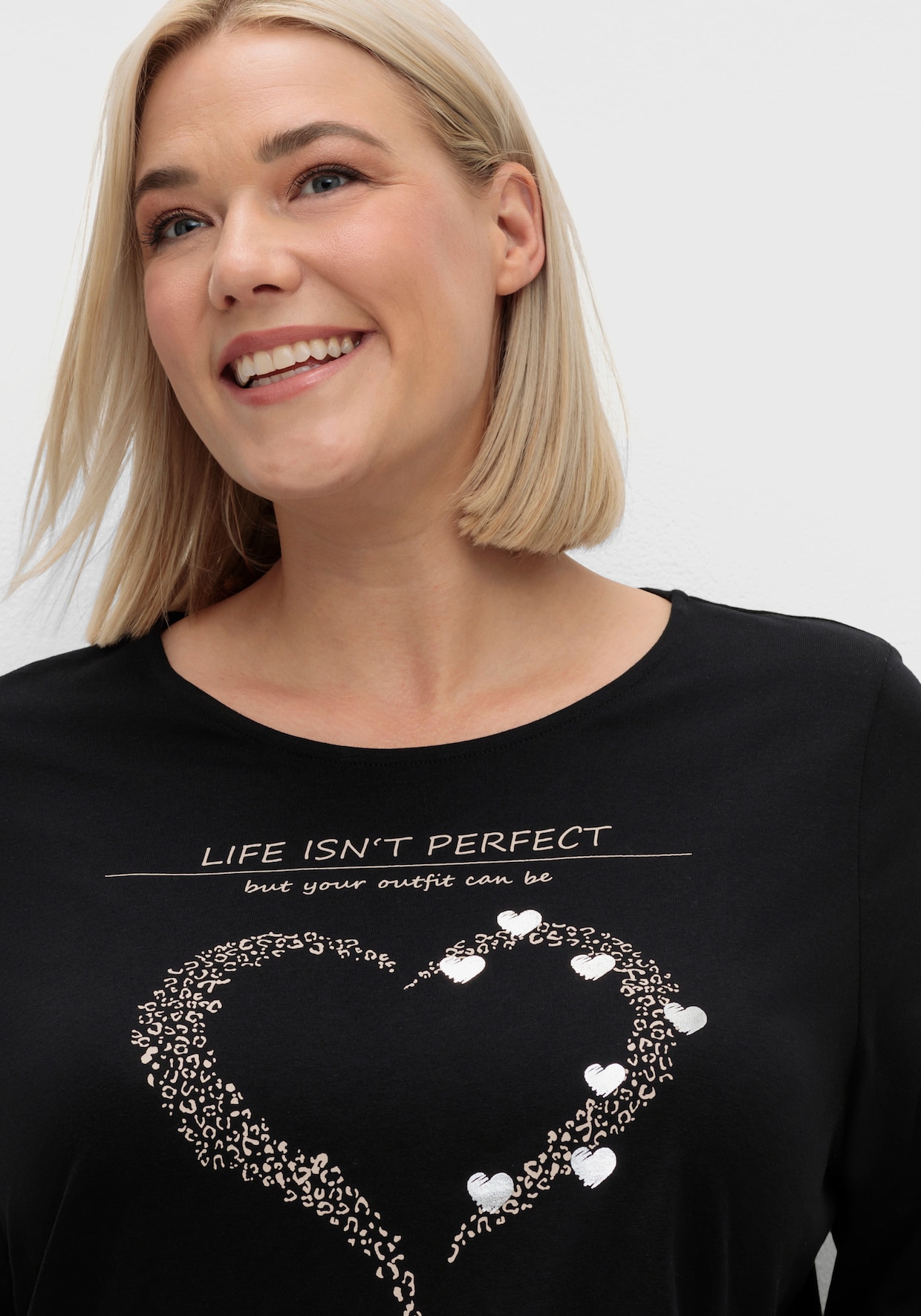 3/4-Arm-Shirt mit Herz-Motiv - schwarz-beige