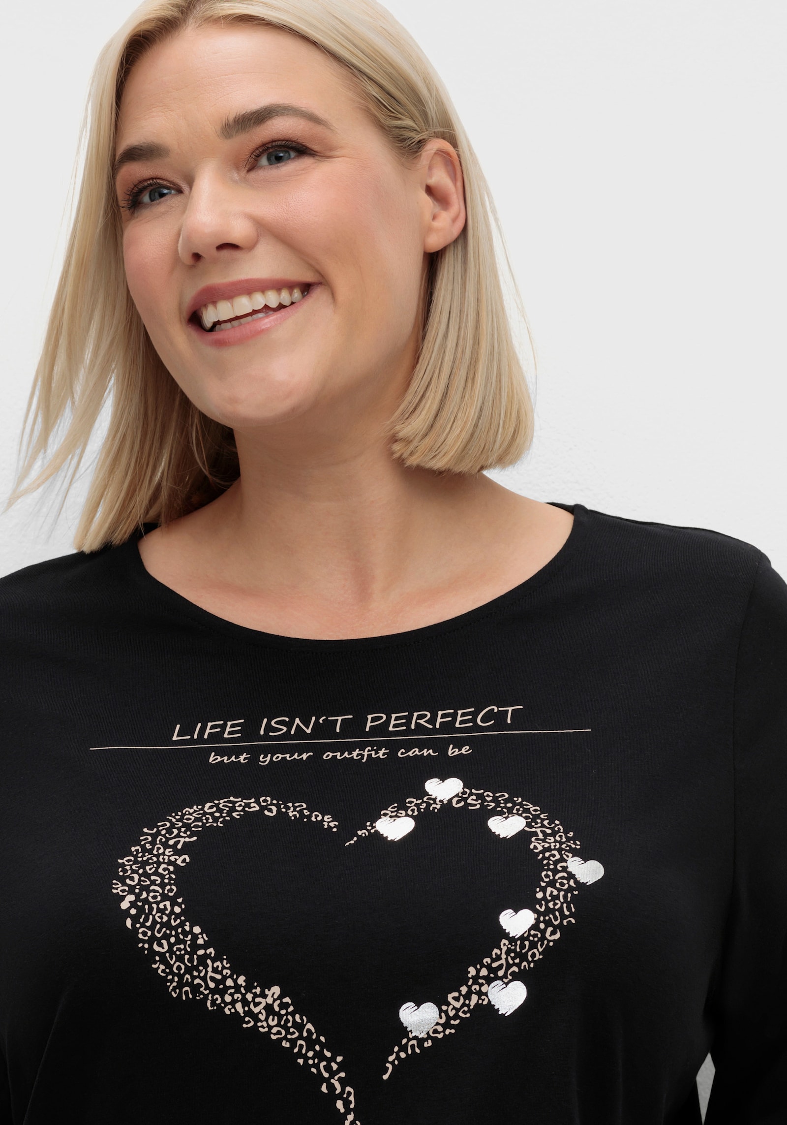 3/4-Arm-Shirt mit Herz-Motiv - schwarz-beige