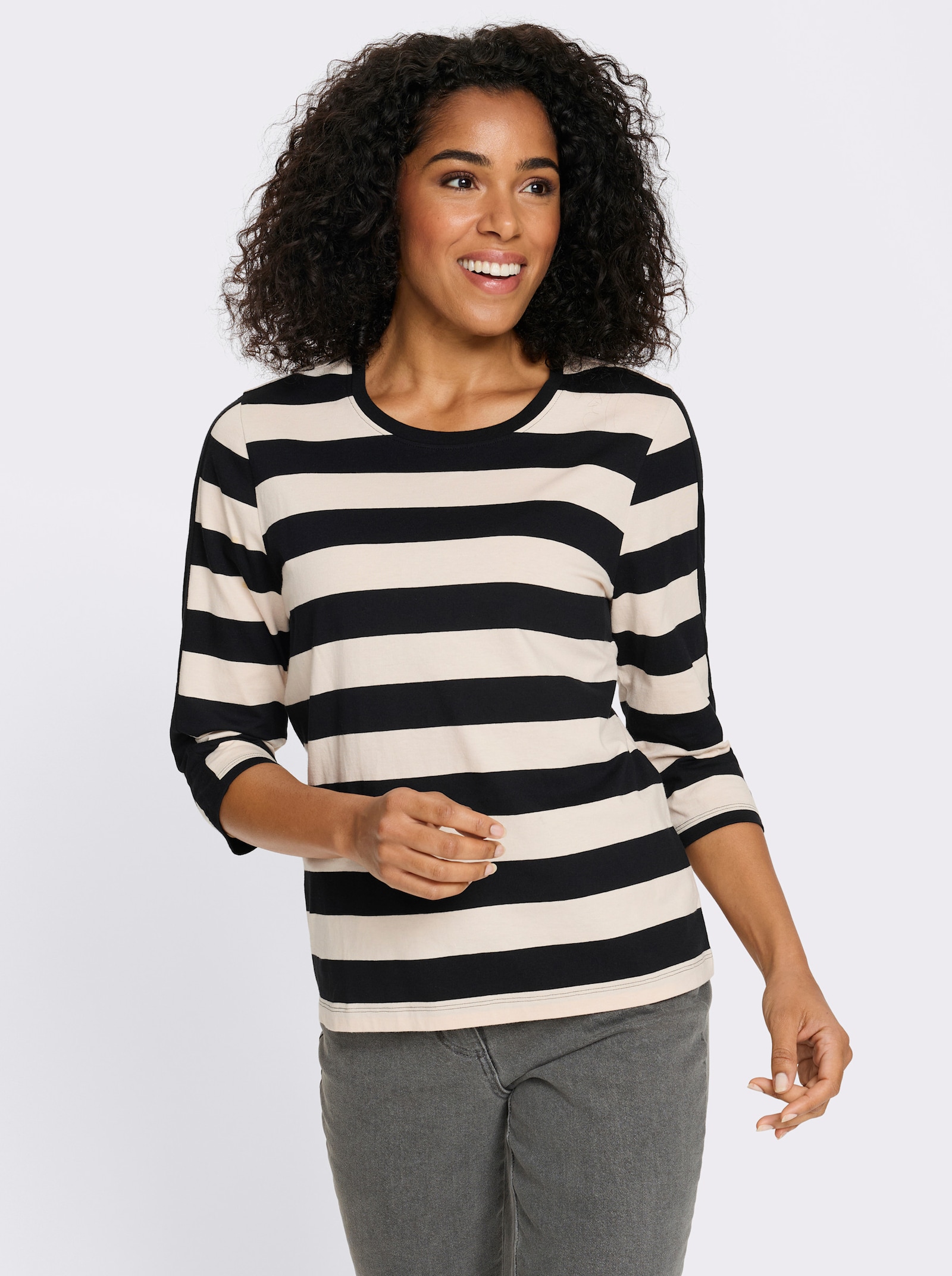 3/4-Arm-Shirt mit garngefärbten Streifen - schwarz-elfenbein-gestreift