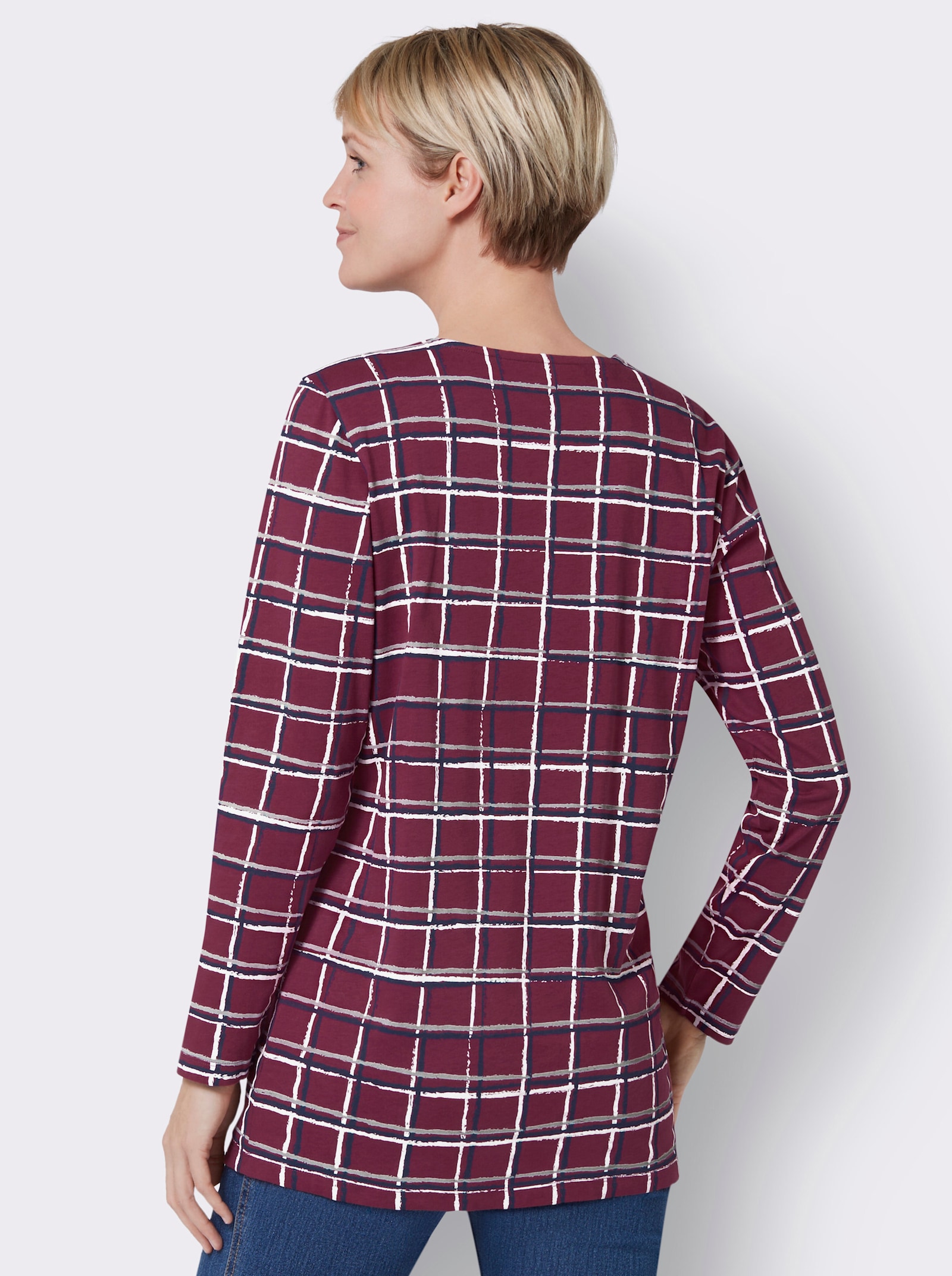 Dlouhé tričko s kostkovaným vzorem - bordó-noční modrá-kostka