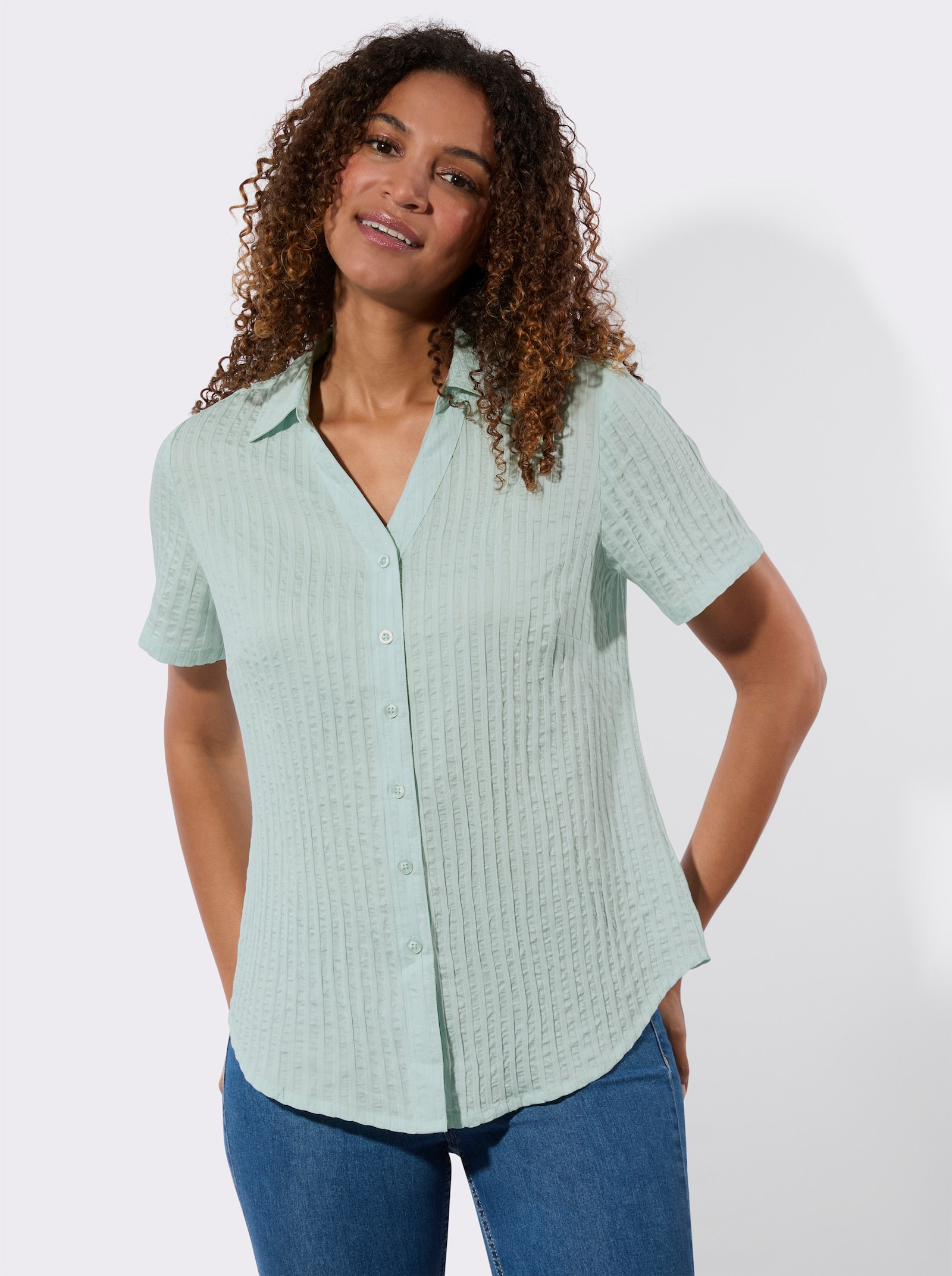 Hemdbluse mit weitegebender Falte hinten - kalkmint-gestreift