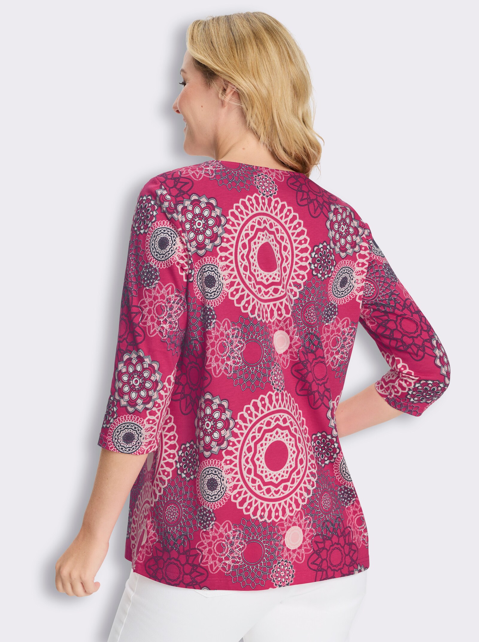 Longshirt mit Falten am Ausschnitt - pink-ecru-bedruckt