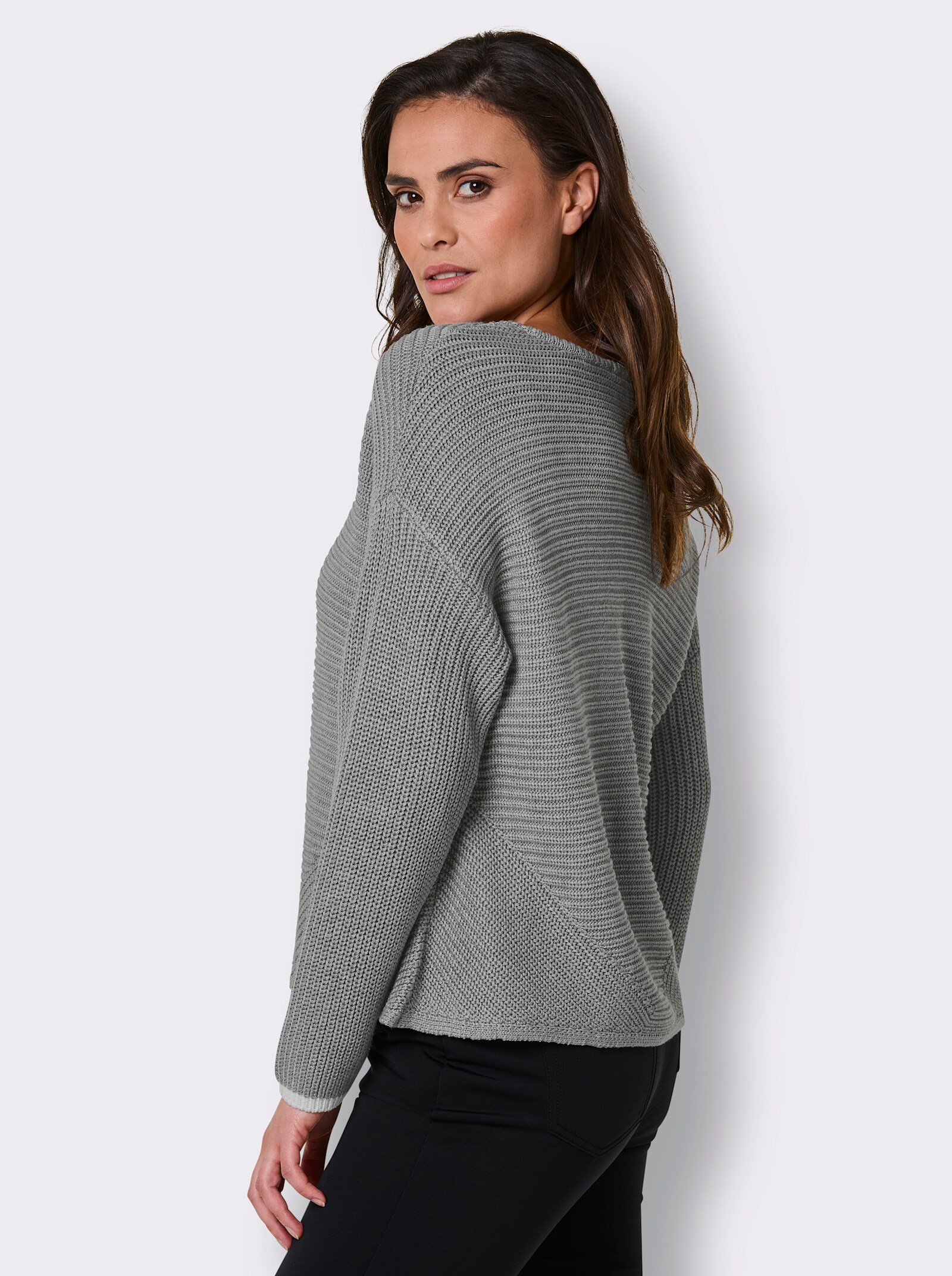 CREATION L PREMIUM Langarm-Pullover mit Kontrastkanten - steingrau-meliert