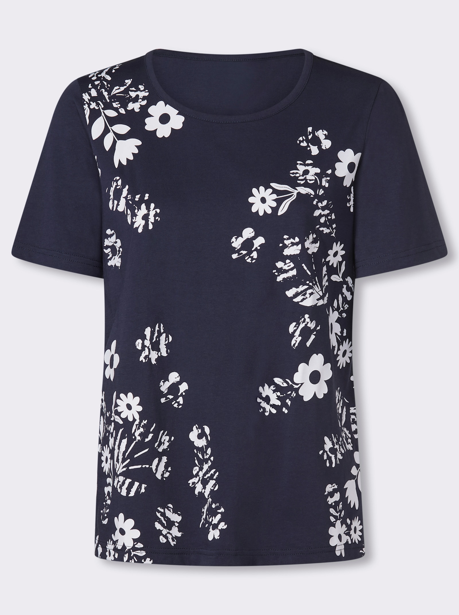 Kurzarmshirt mit Blüten-Druck - marine-weiß