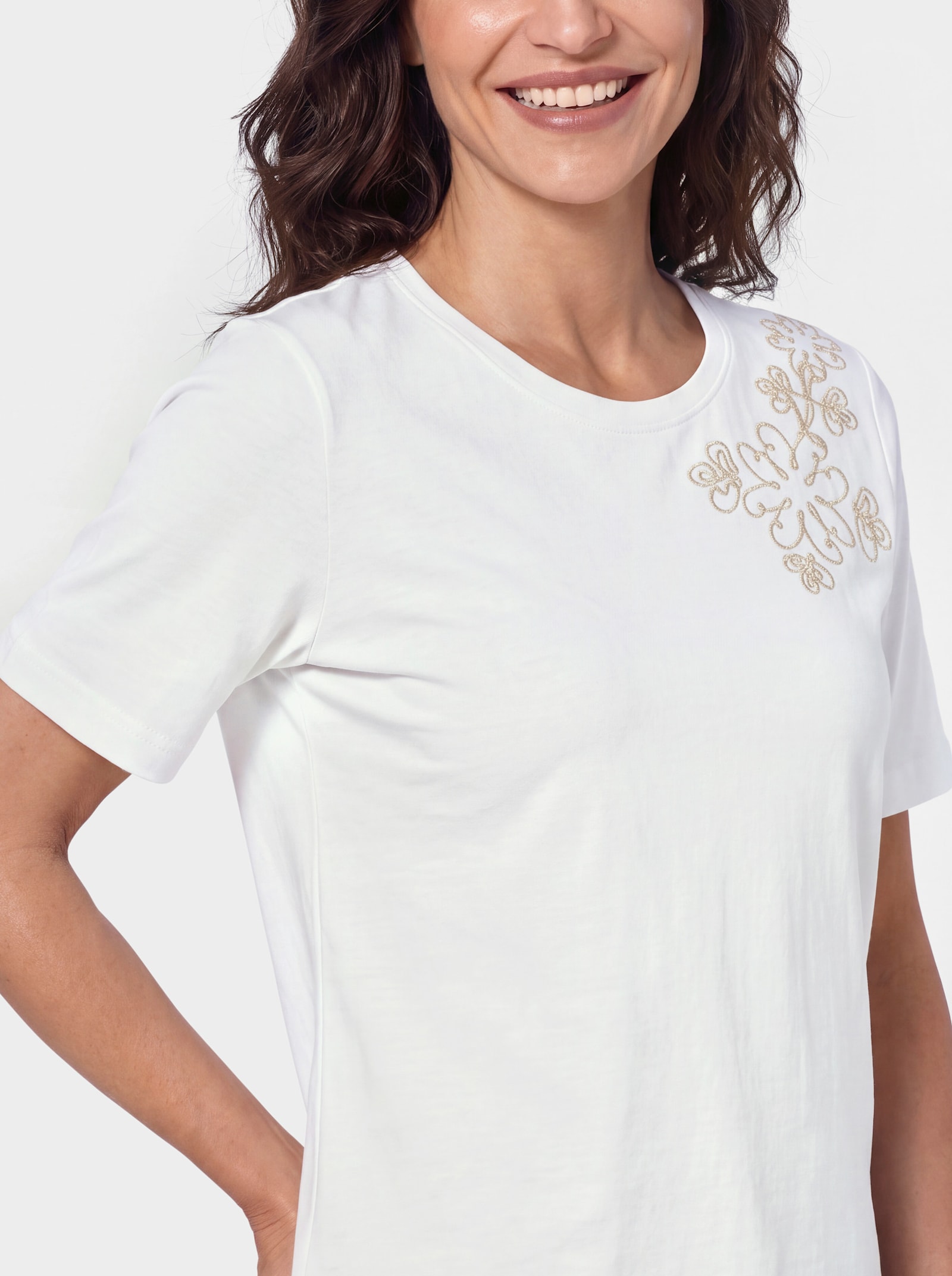 Rundhalsshirt mit Kordelstickerei - ecru