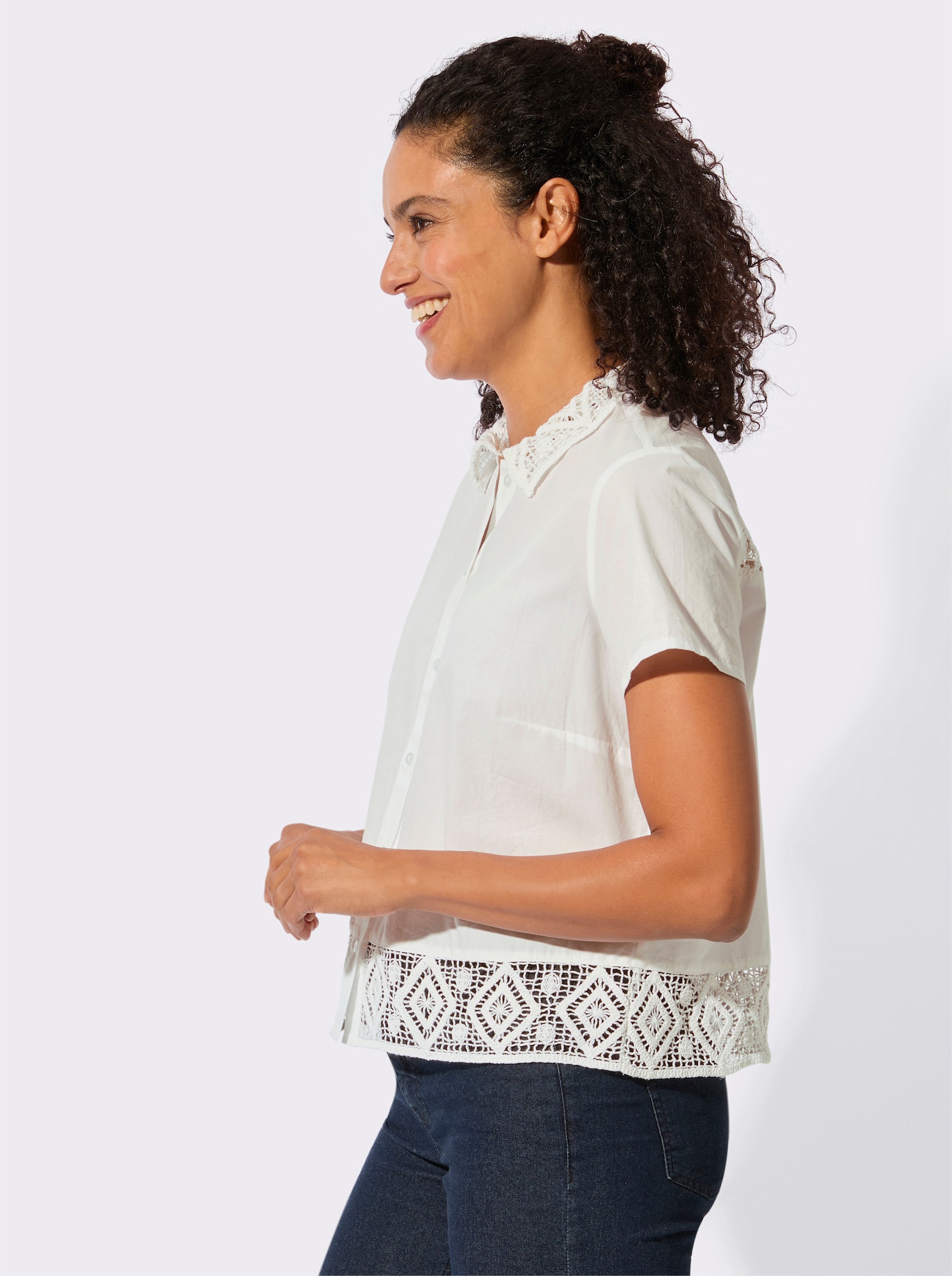 Baumwollbluse mit Spitzeneinsatz - ecru