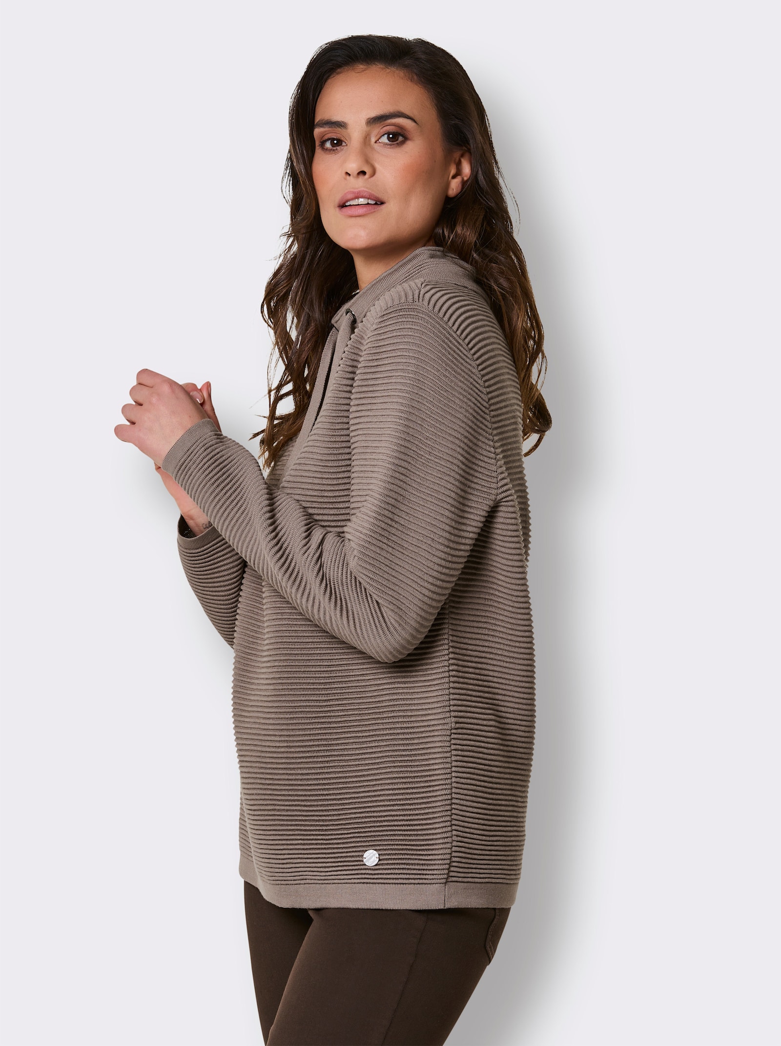 CREATION L PREMIUM Langarm-Pullover mit Ripp-Struktur - sesam-meliert