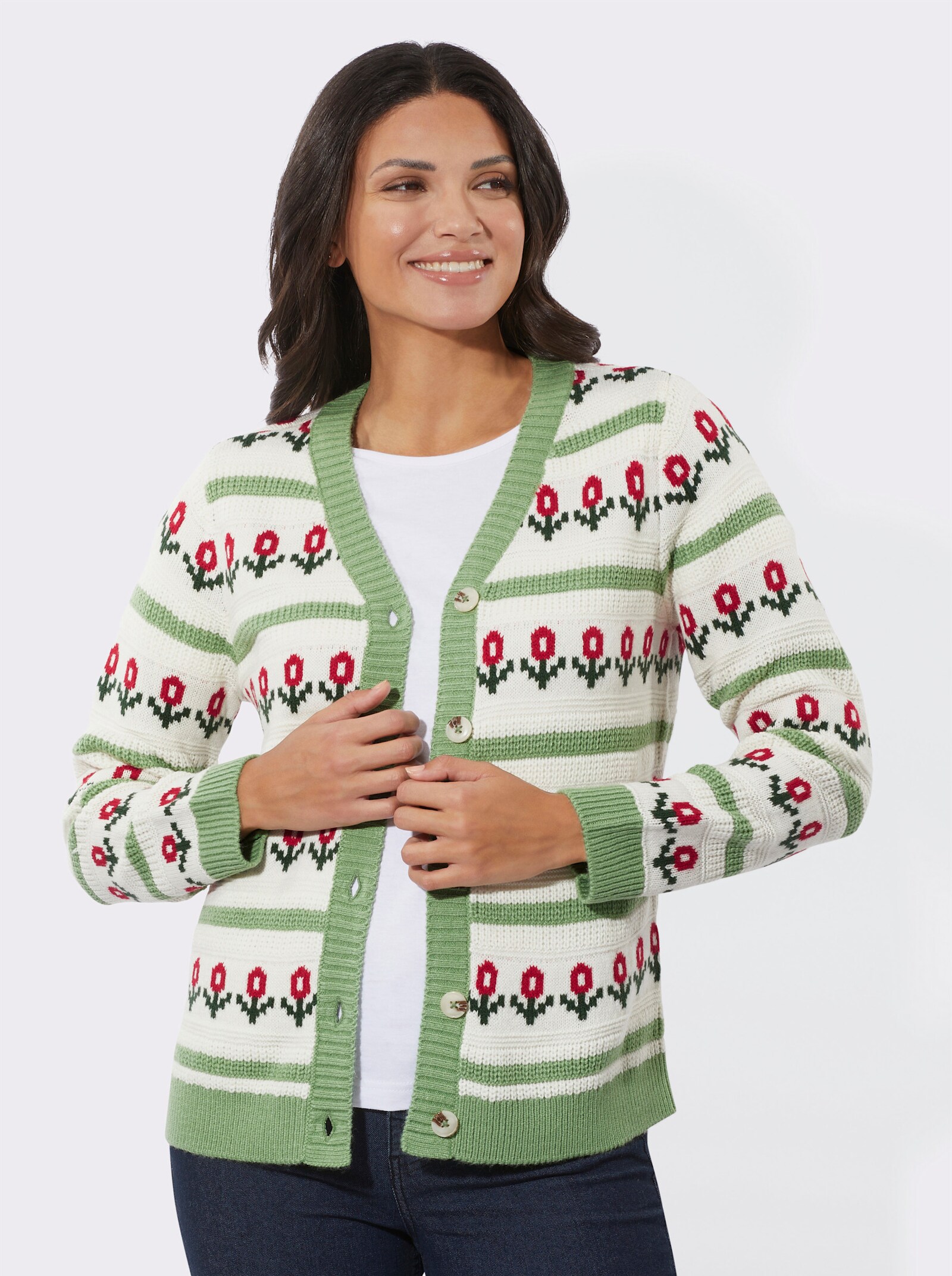 Pletený kabátek s proužkovaným a květinovým vzorem - šampaňská-eukalyptová-vzor