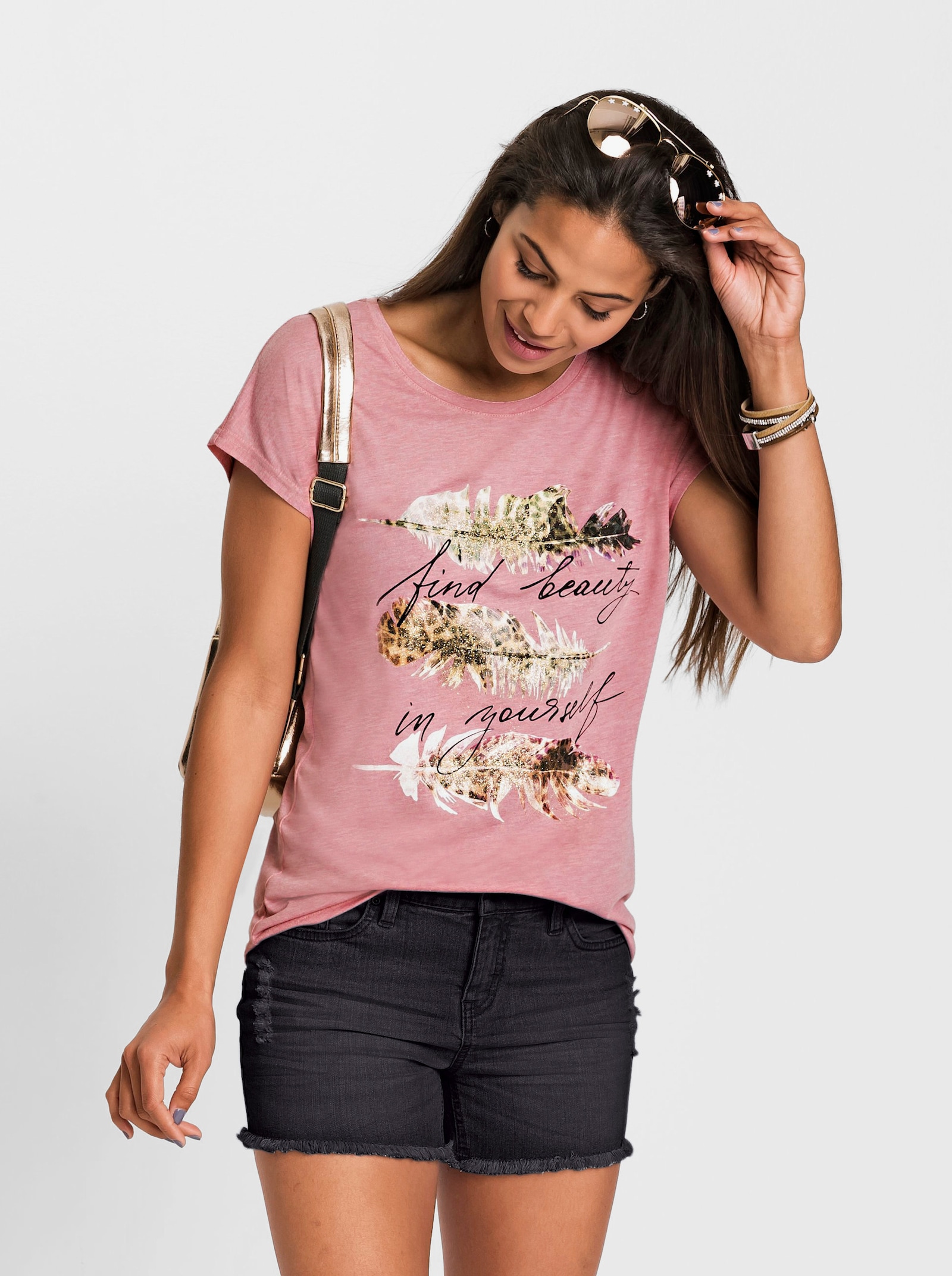 Kurzarmshirt mit goldfarbenem Federndruck - rosenquarz-schwarz-bedruckt