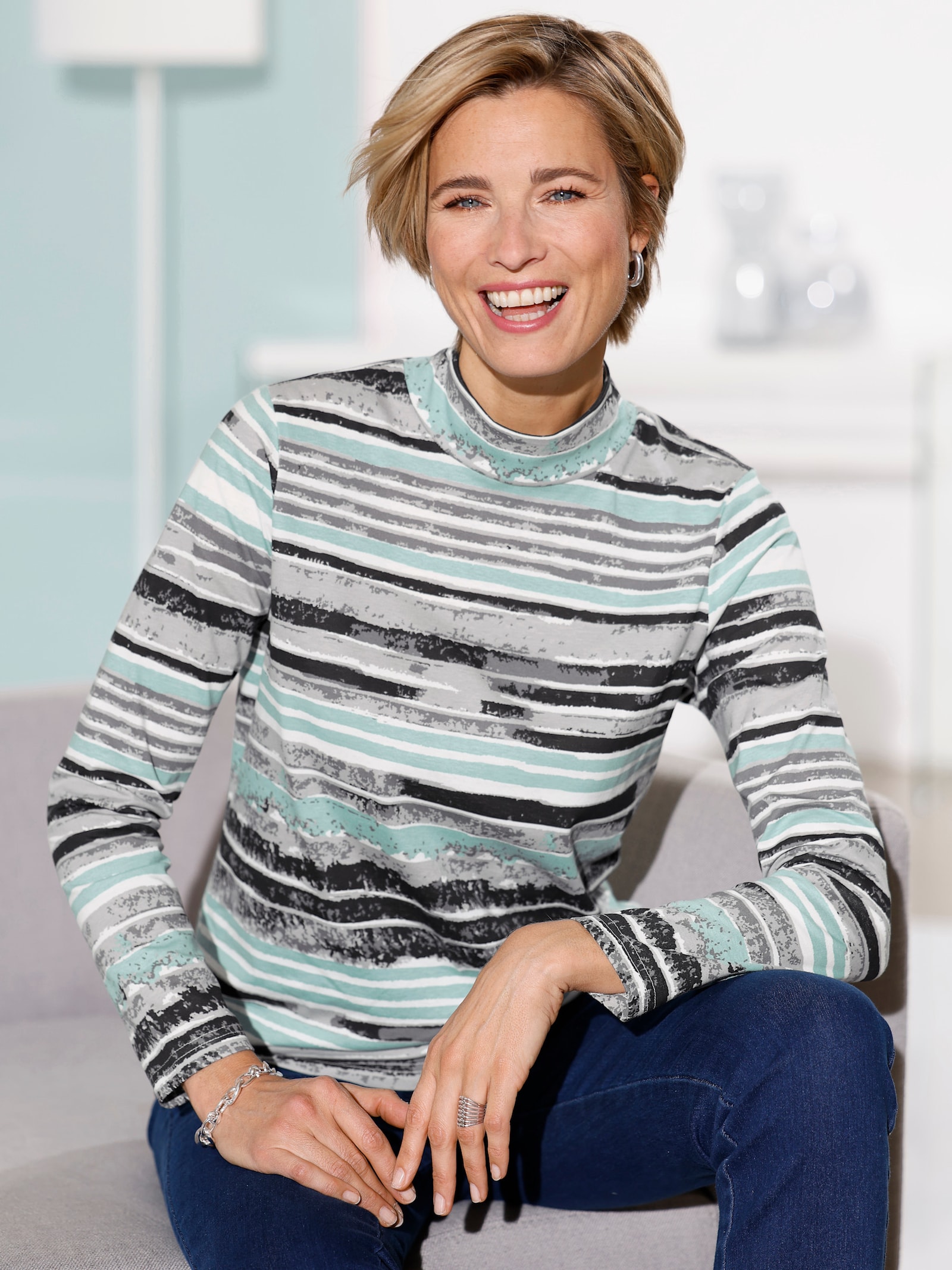 Shirt met opstaande kraag en streeppatroon - steengrijs/salie bedrukt