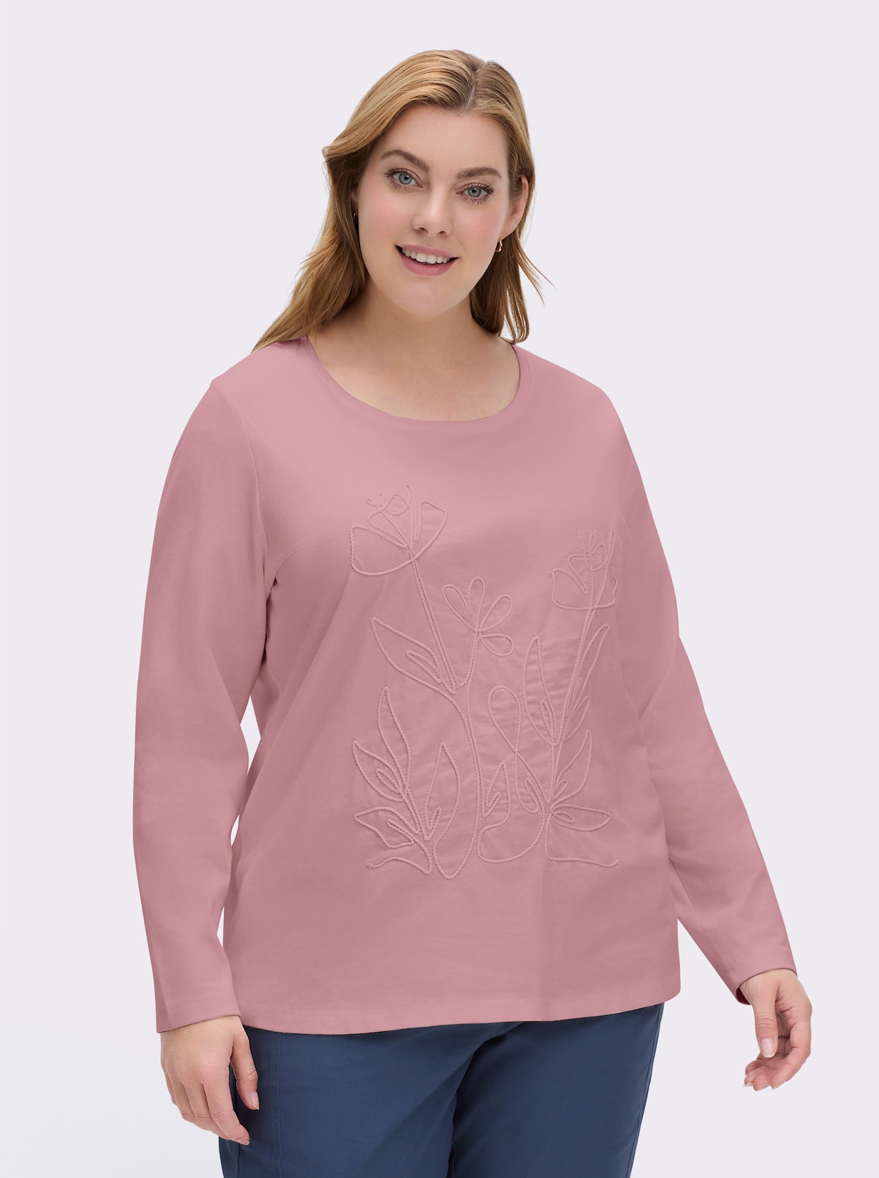 Rundhalsshirt mit Kordel-Stickerei - hortensie