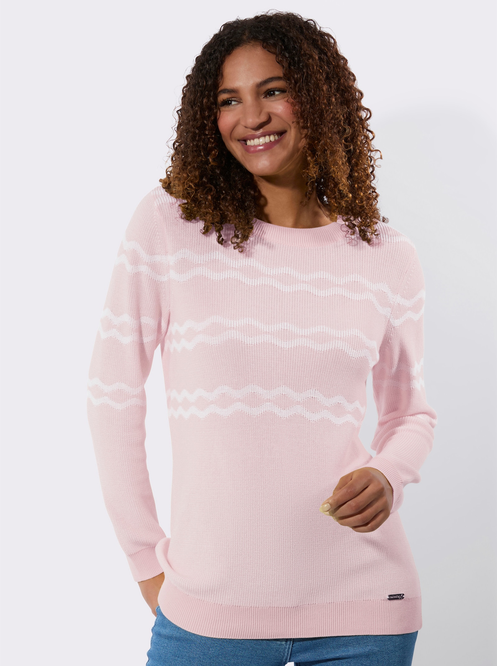 Rundhalspullover mit Rauten-Jacquard-Muster - hellrosé-meliert