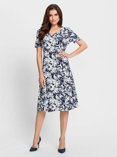 Jerseykleid in leicht ausgestellter Form - marine-ecru-bedruckt