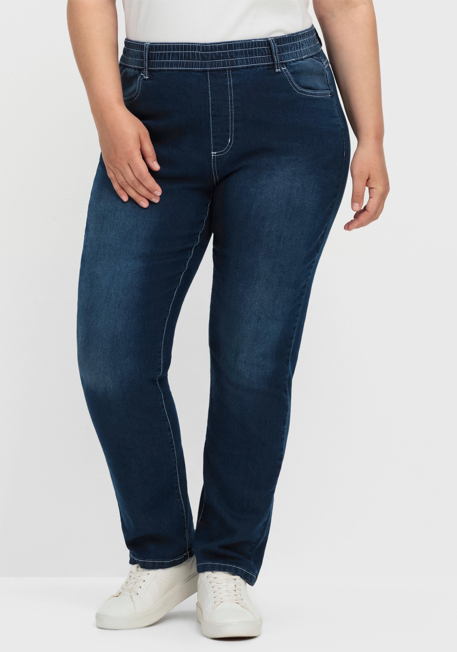 High-waist-Jeans mit hohem Rundum-Dehnbund - blue-stone-washed