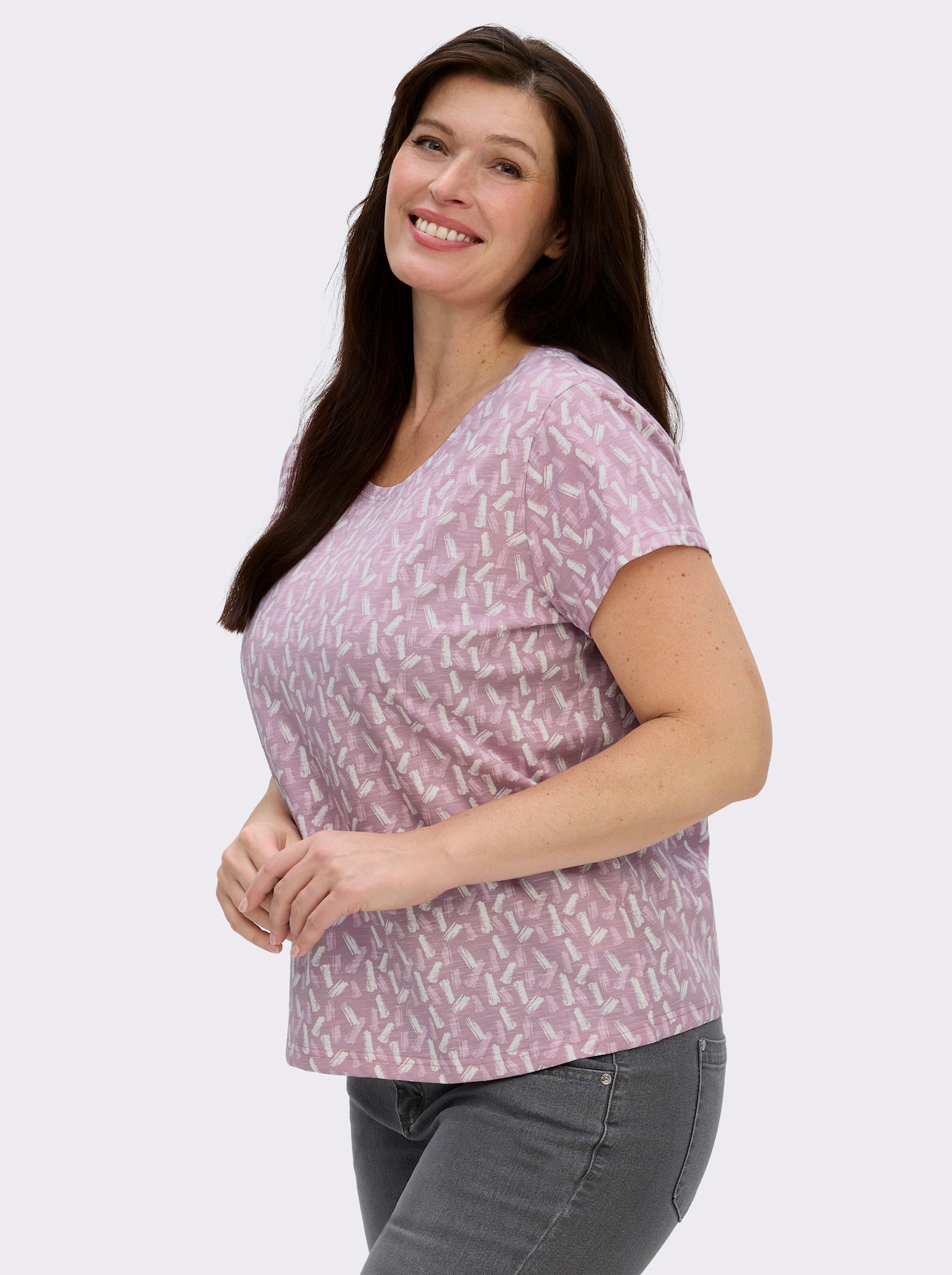 Rundhalsshirt mit Flammgarn-Struktur - mauve-ecru-bedruckt