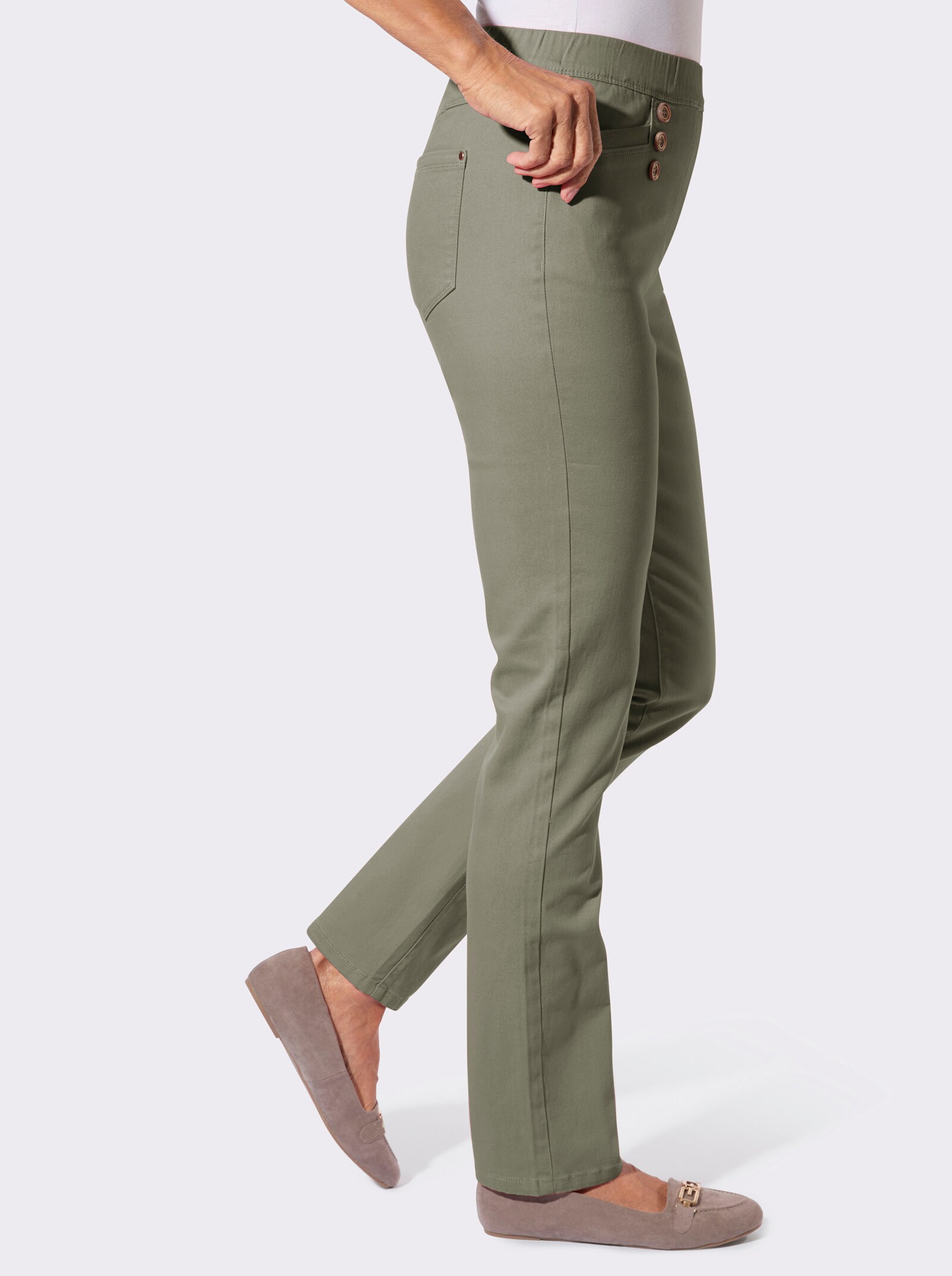 Schlupfjeans mit Schmuckknöpfen - khaki