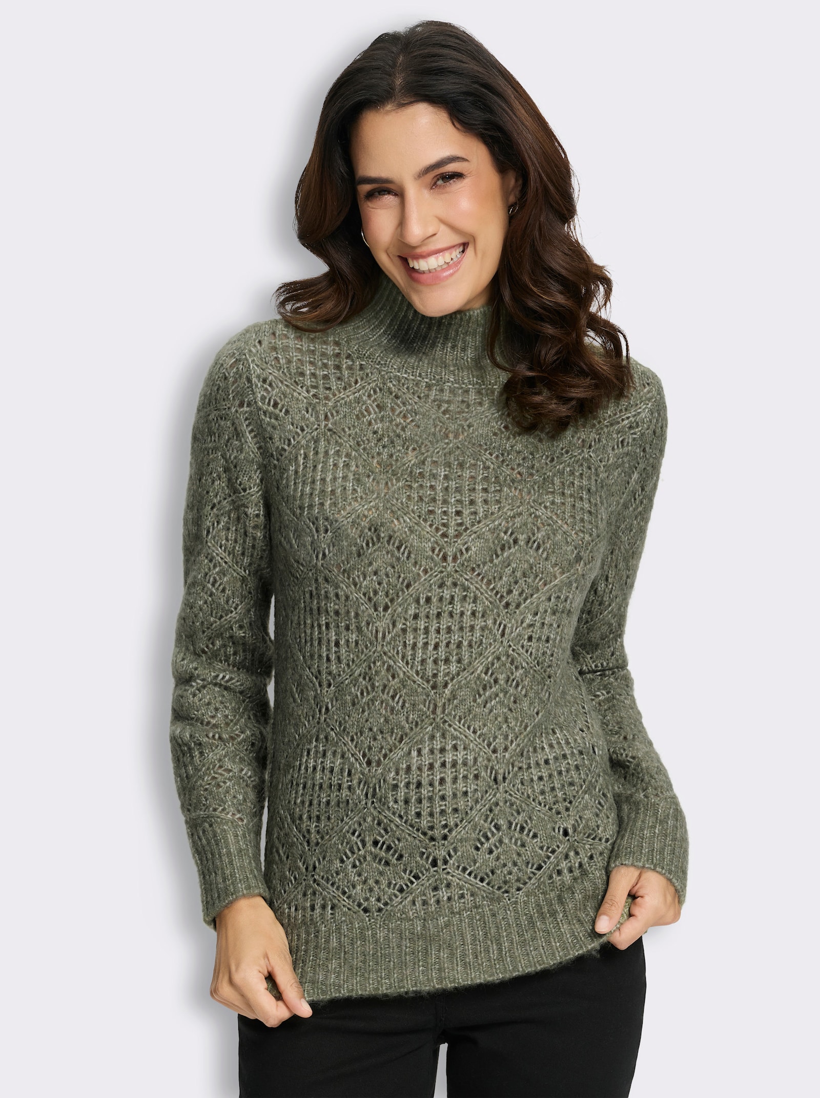 Stehkragenpullover im Ajourmuster - khaki-meliert