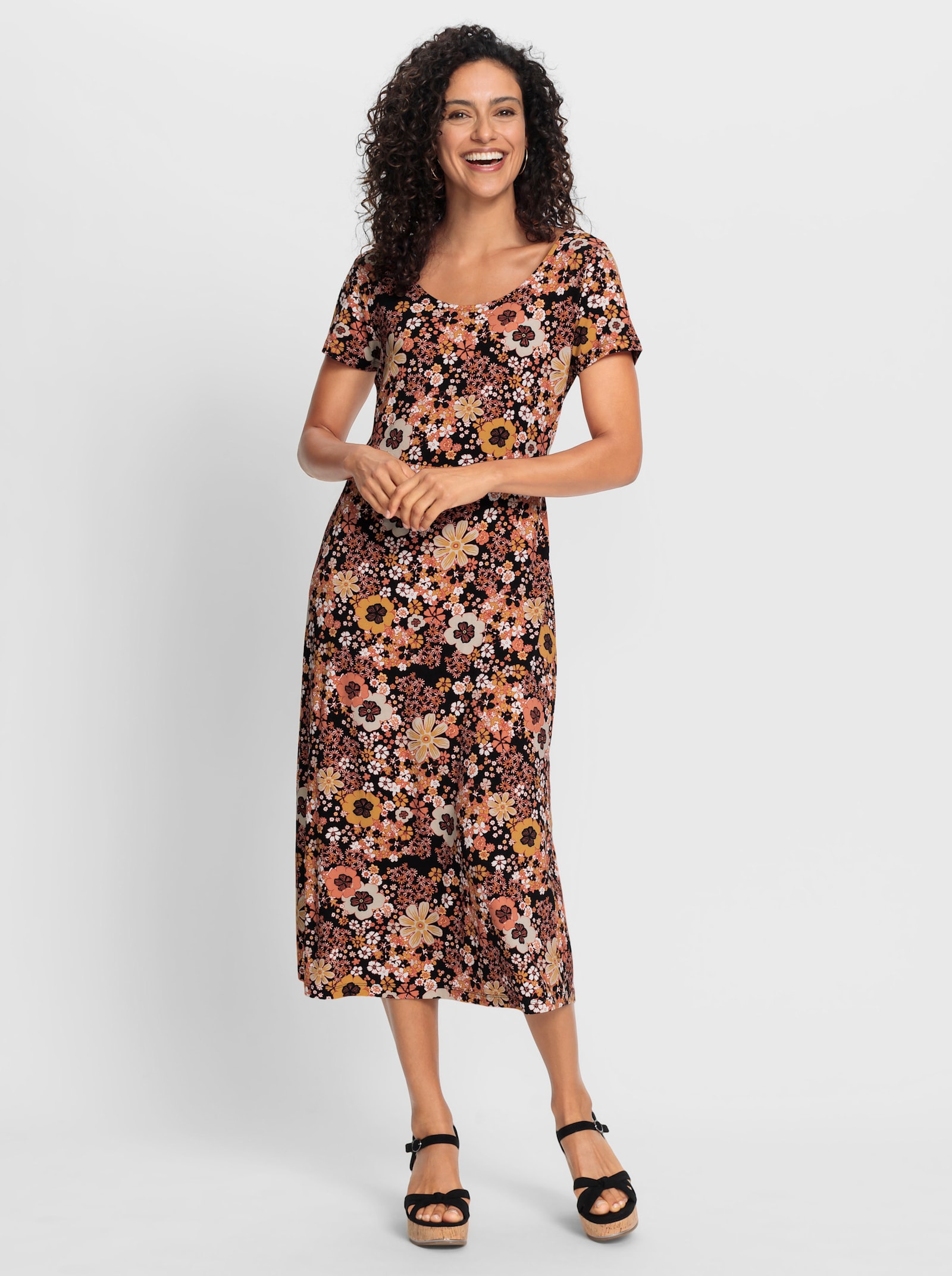 Jerseykleid mit Rückenausschnitt - schwarz-papaya-bedruckt