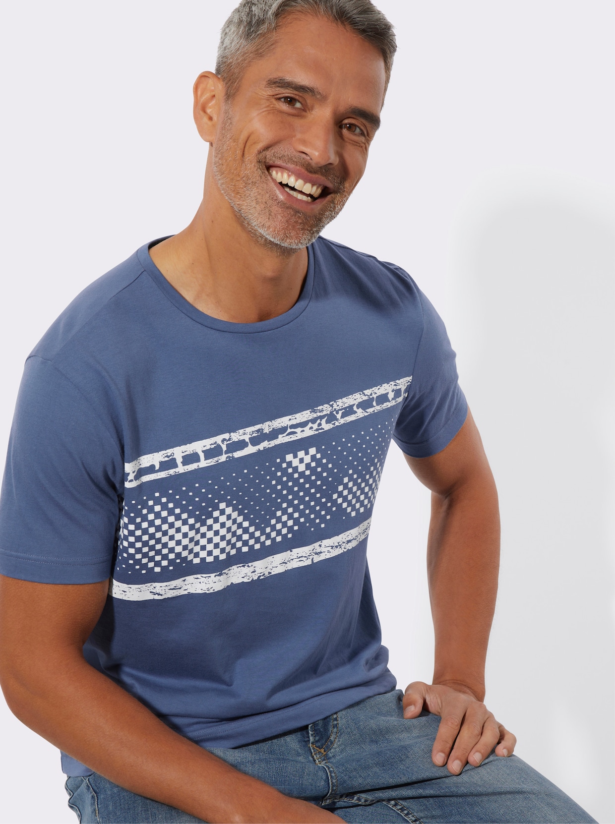 Rundhalsshirt - jeansblau-weiß