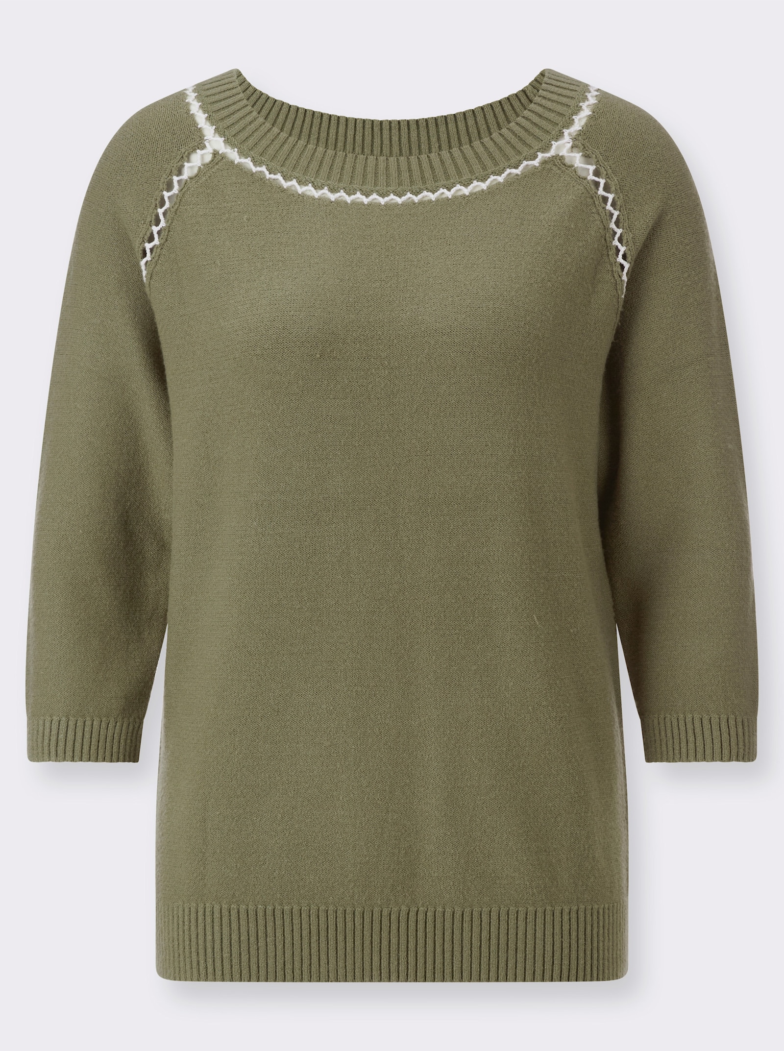 3/4 Arm-Pullover mit Kontrast-Ajourmuster - khaki