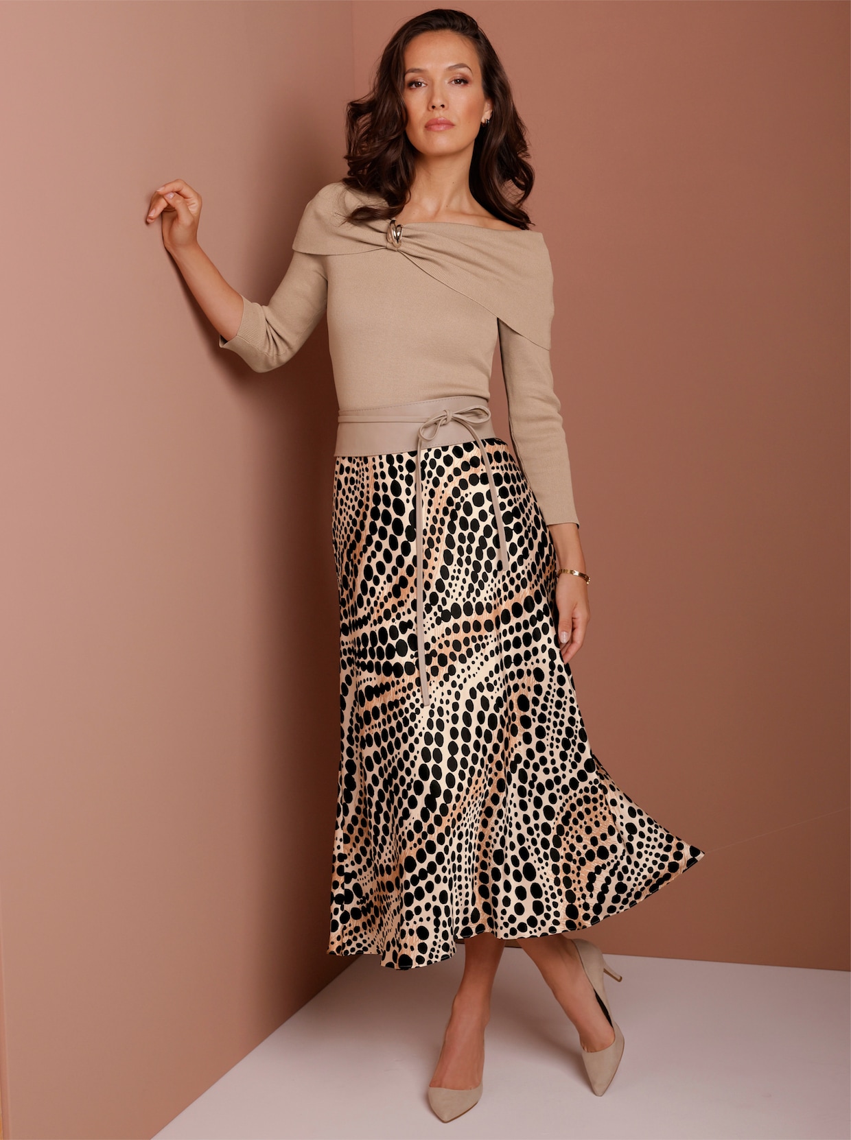 CREATION L PREMIUM Schlupfrock im Seiden-Viskose-Mix - elfenbein-schwarz-bedruckt