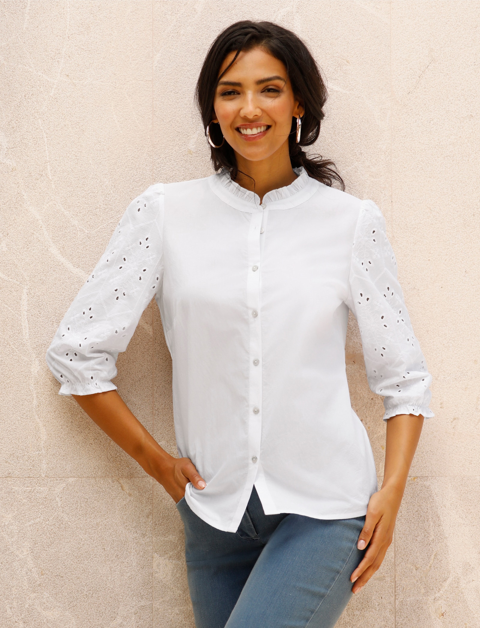 Katoenen blouse met ajourwerk - wit