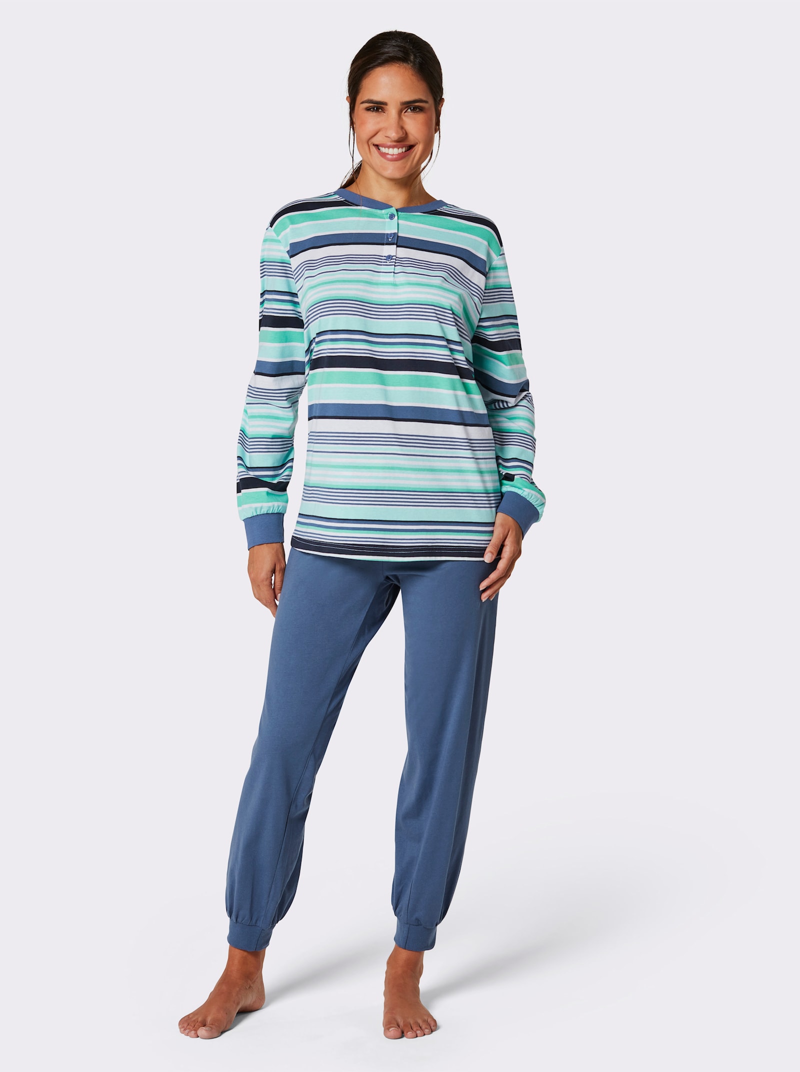 wäschepur Schlafanzug in 2 Qualitäten erhältlich - jeansblau-mint-geringelt