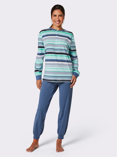 wäschepur Schlafanzug in 2 Qualitäten erhältlich - jeansblau-mint-geringelt