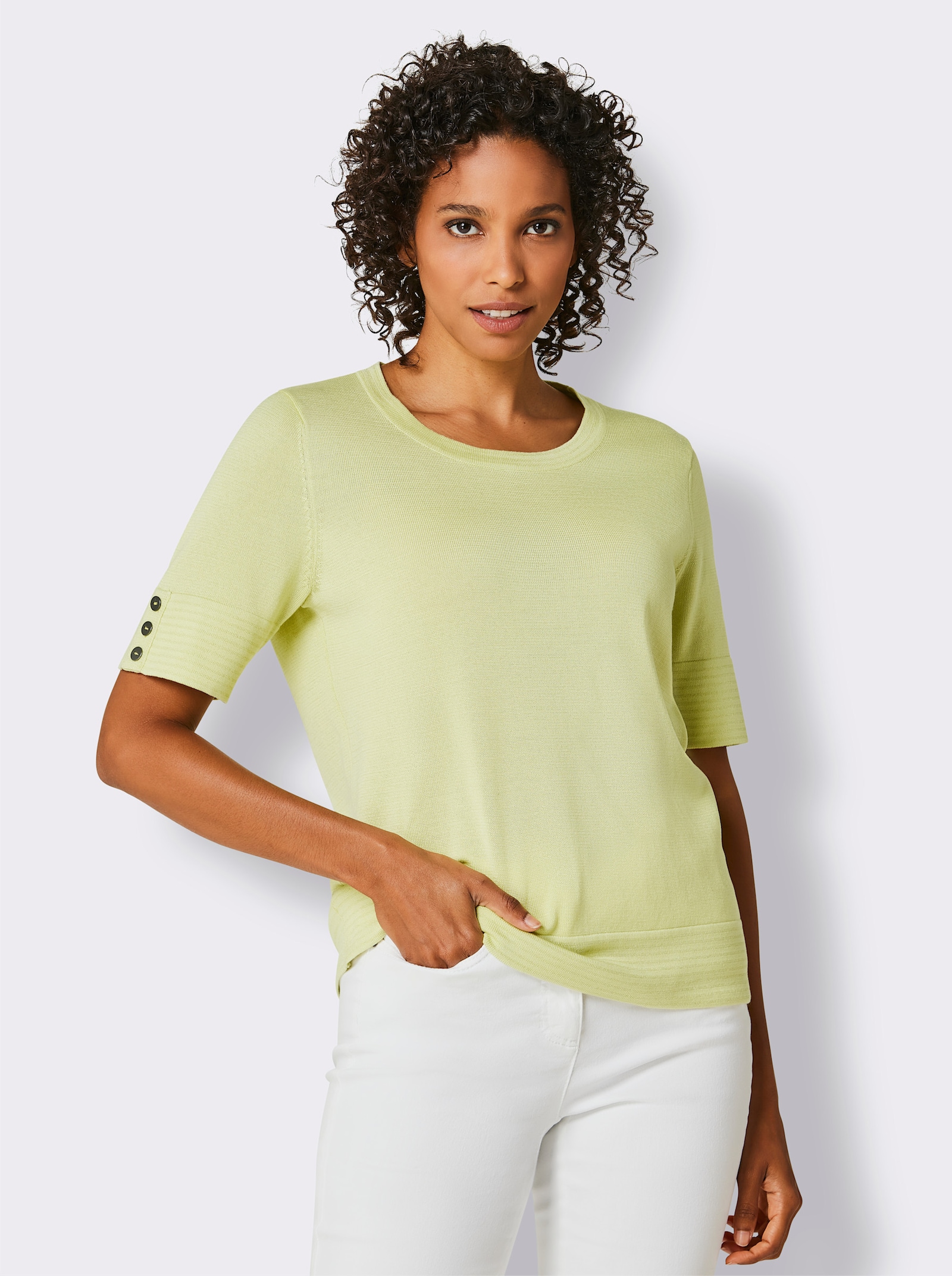 CREATION L PREMIUM Kurzarmpullover mit Glanzgarn-Abschlüssen - pistazie