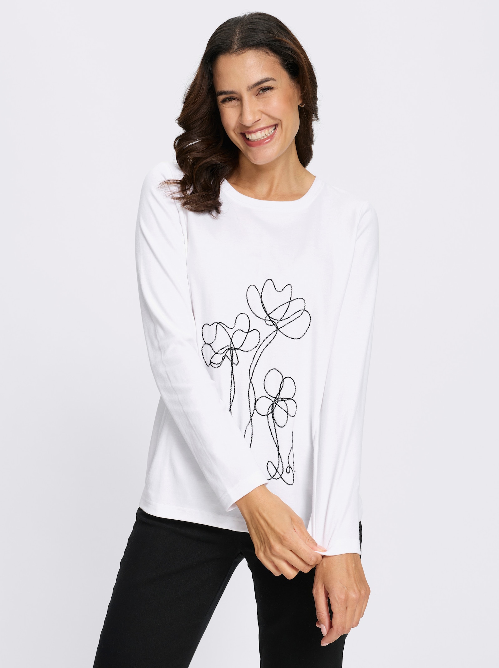 Rundhalsshirt mit platzierter Kordelstickerei - ecru