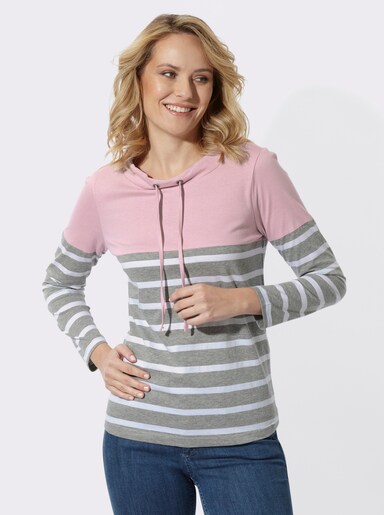  Stehkragenshirt mit Colour-Blocking - rosé-grau-geringelt
