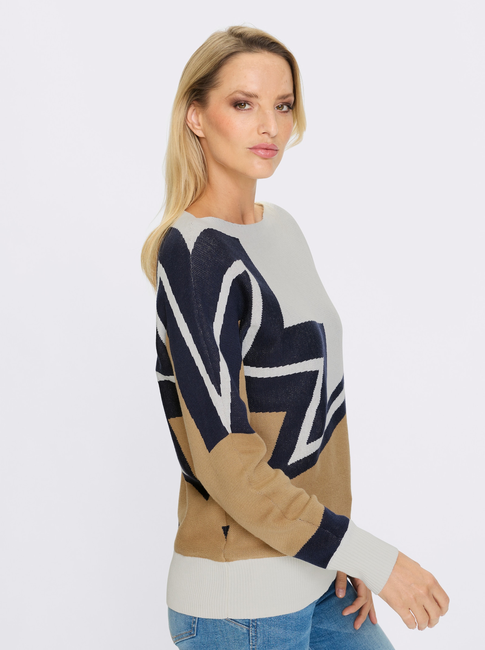 heine Langarm-Pullover mit Intarsienstrick - ecru-camel-gemustert
