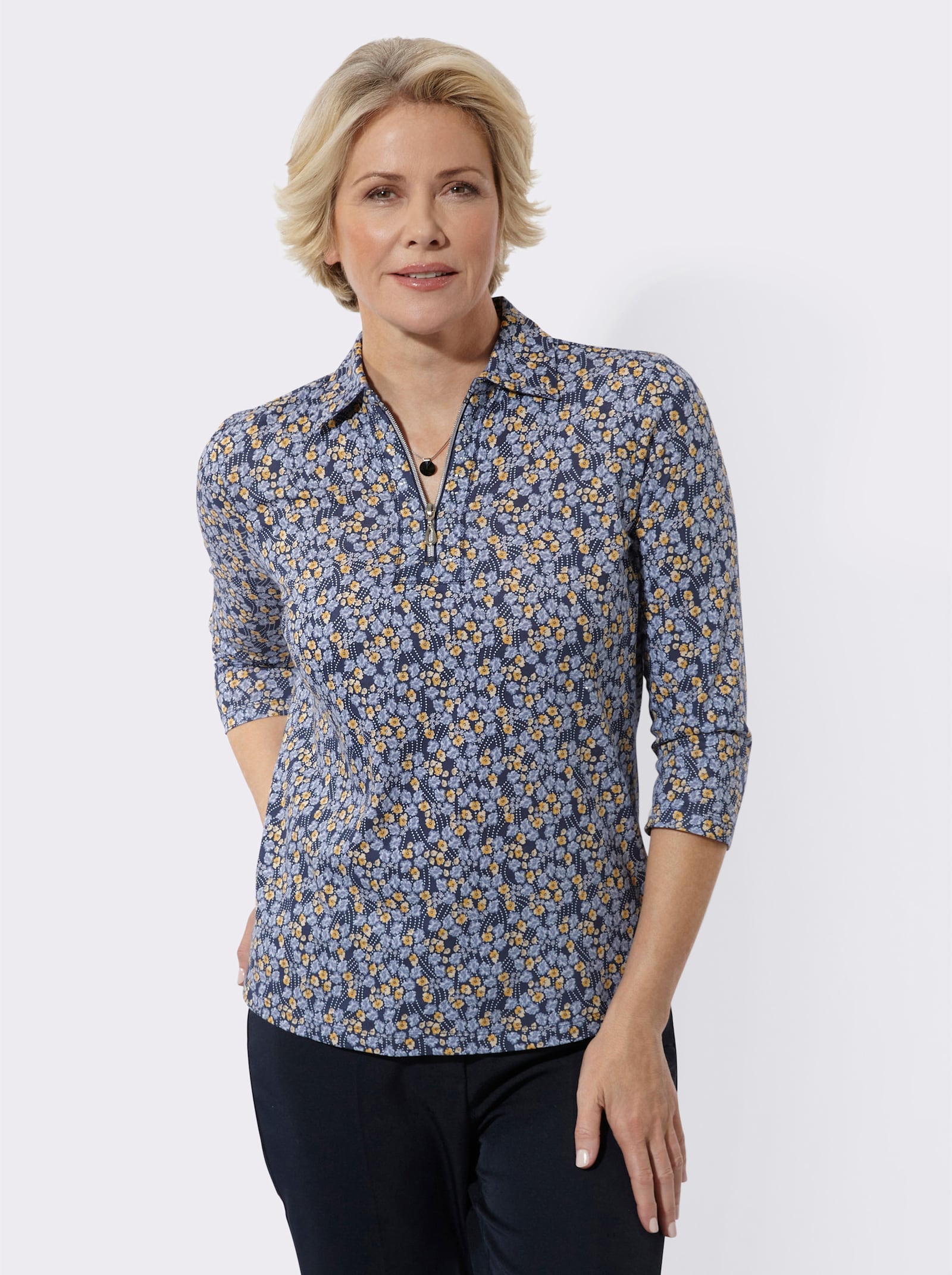 Poloshirt mit Glitzersteinchen - marine-vanille-bedruckt