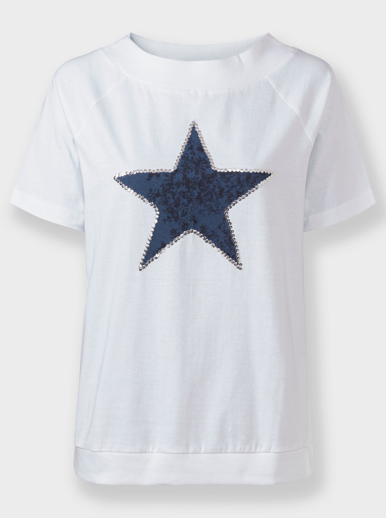 Kurzarmshirt mit Stern-Motiv - weiß-mittelblau-bedruckt