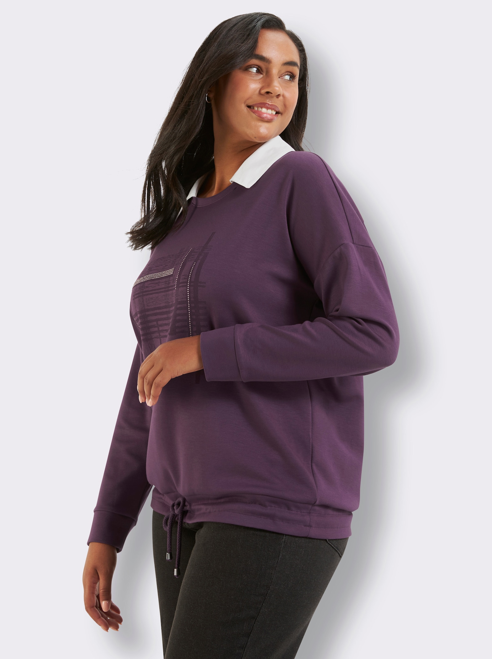 sheego Sweatshirt mit abnehmbarem Hemdkragen - traube-bedruckt