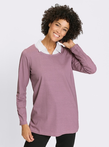 Lång topp i 2-i-1-look - rosé-orkidé-med tryck