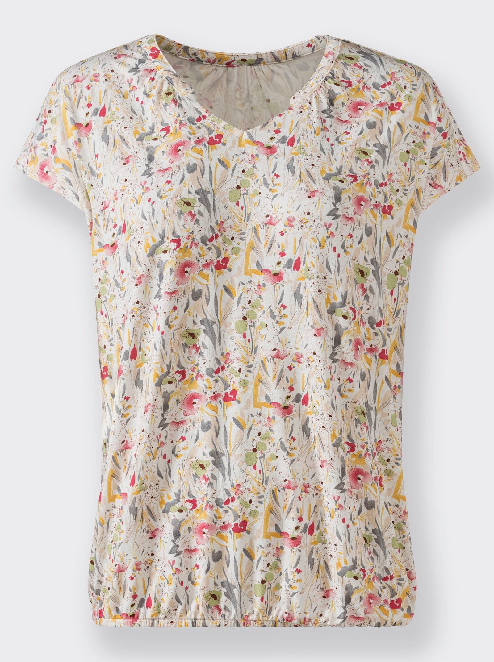 Shirt met print en met kleine V en rimpeling bij de hals - ecru geprint